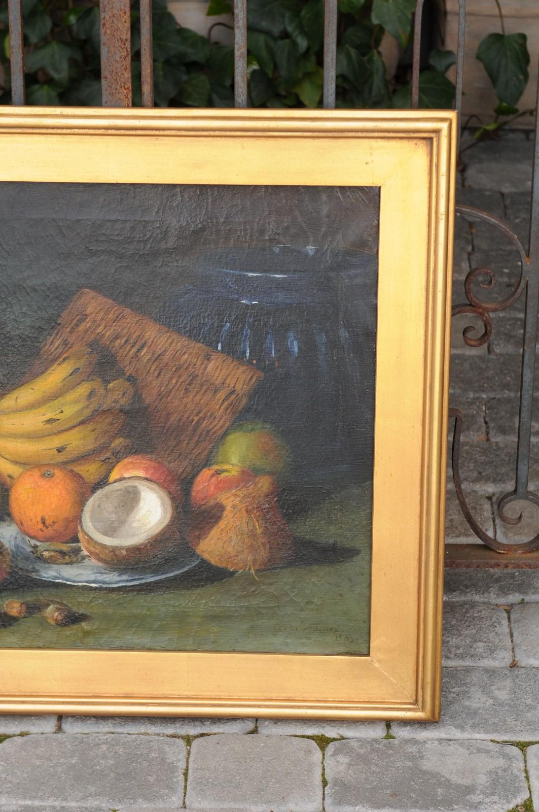 English 1908 Oil on Canvas Still-Life Painting Set Inside a Giltwood Frame For Sale 5