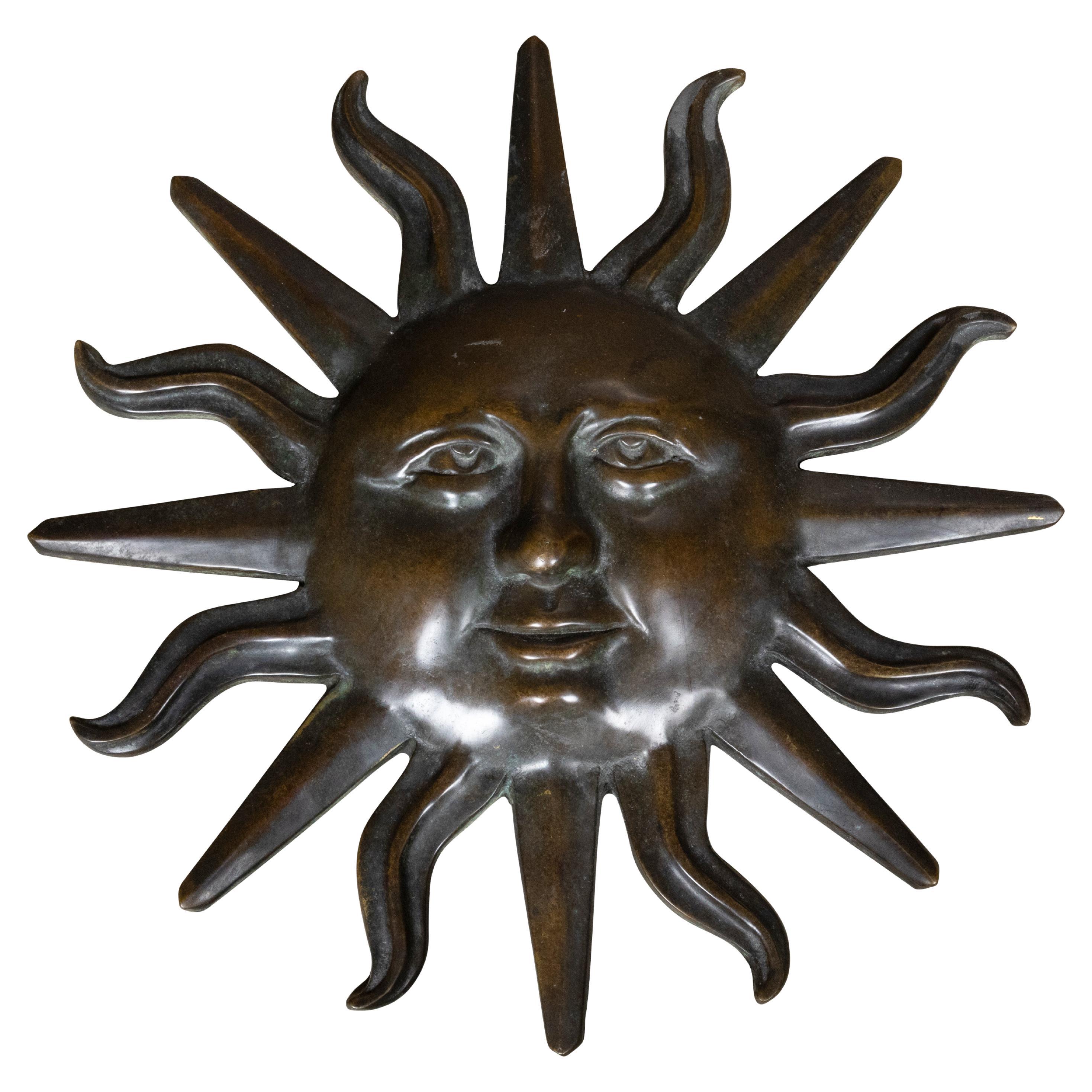 English 1920 Bronze Sun Ornament with Anthropomorphic Features and Dark Patina