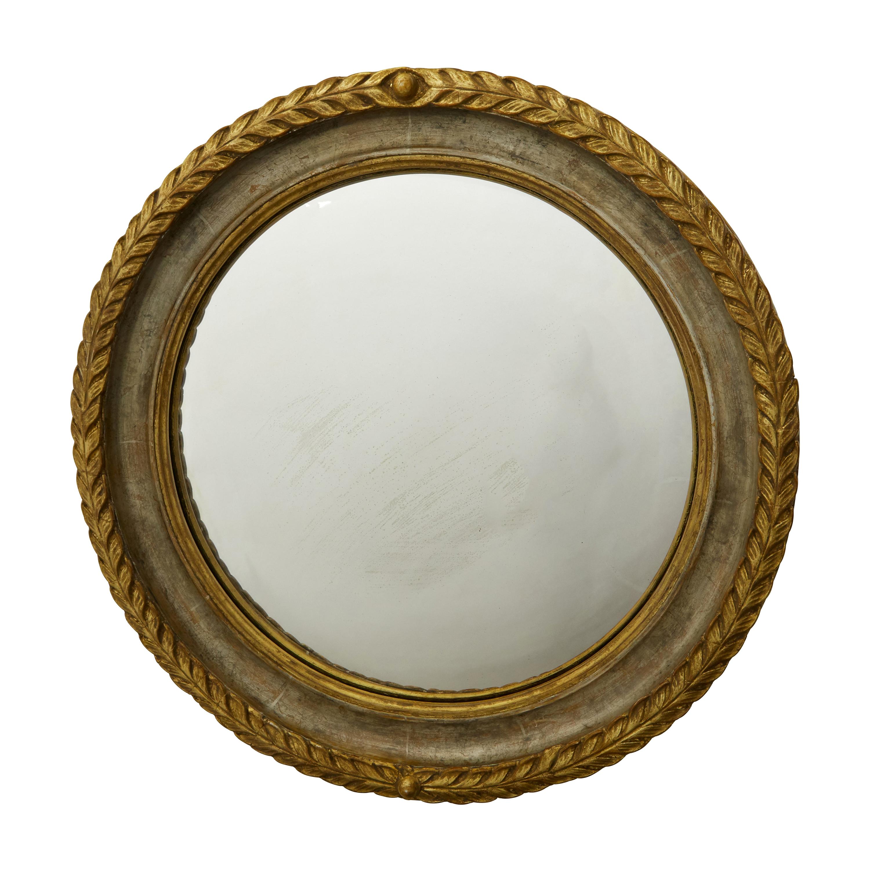 English 1920s-1930s Carved Wooden Round Mirror with Gilt Accents and Foliage