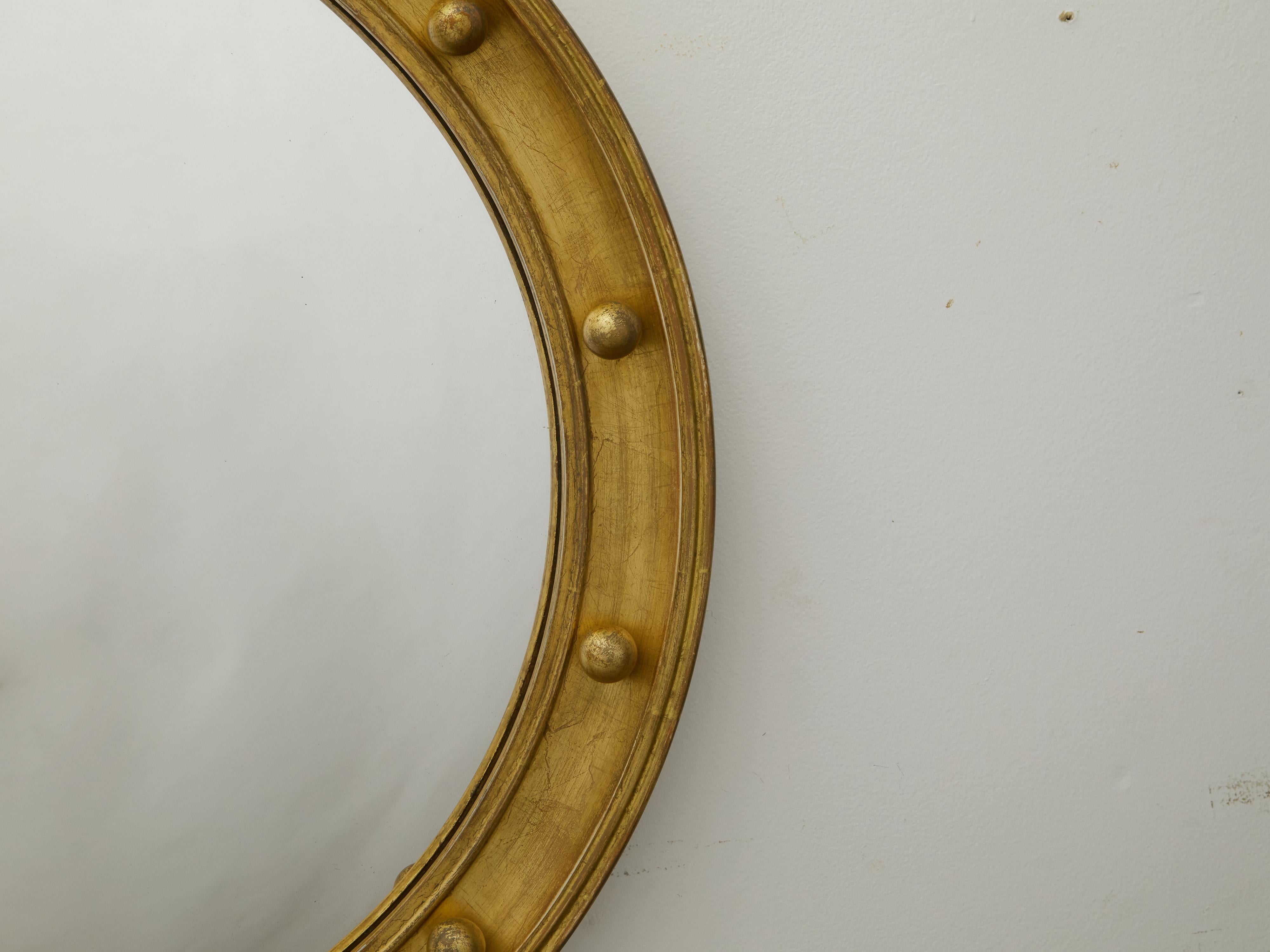 English 1920s-1930s Giltwood Bullseye Convex Girandole Mirror with Small Spheres 1