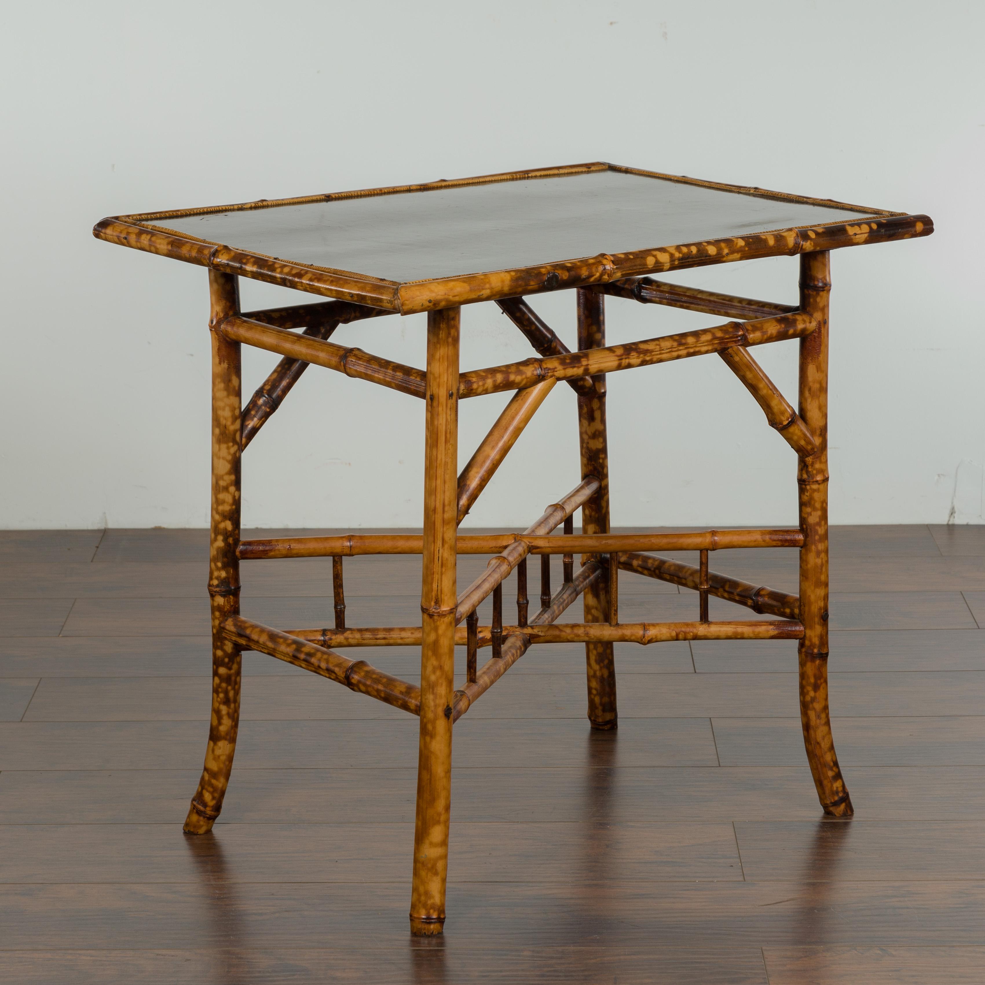 English 1920s Bamboo Side Table with Ebonized Top and Cross Stretcher 6