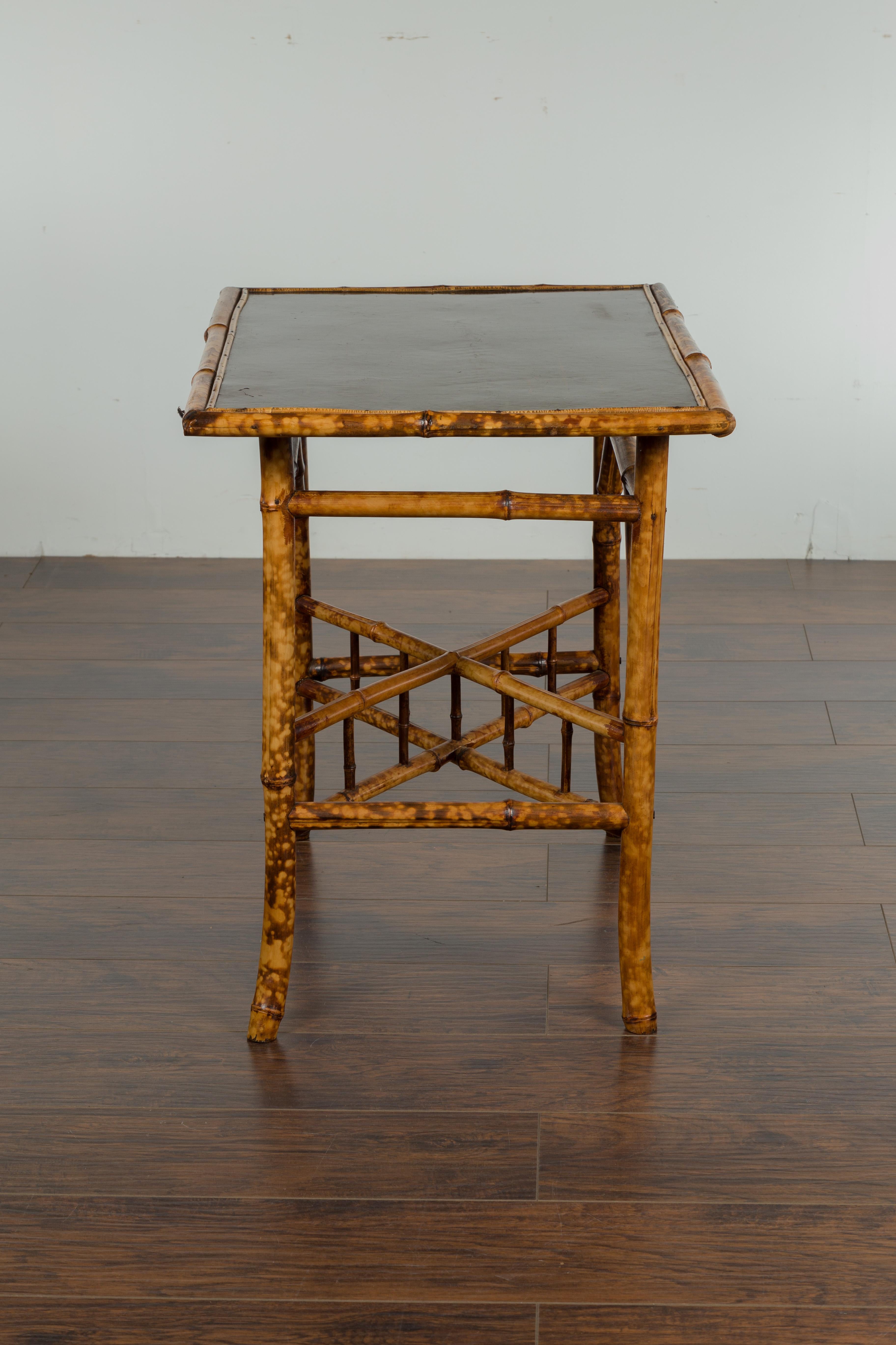 English 1920s Bamboo Side Table with Ebonized Top and Cross Stretcher 7