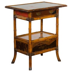 English 1920s Bamboo Table with Lacquered Décor, Single Drawer and Compartment