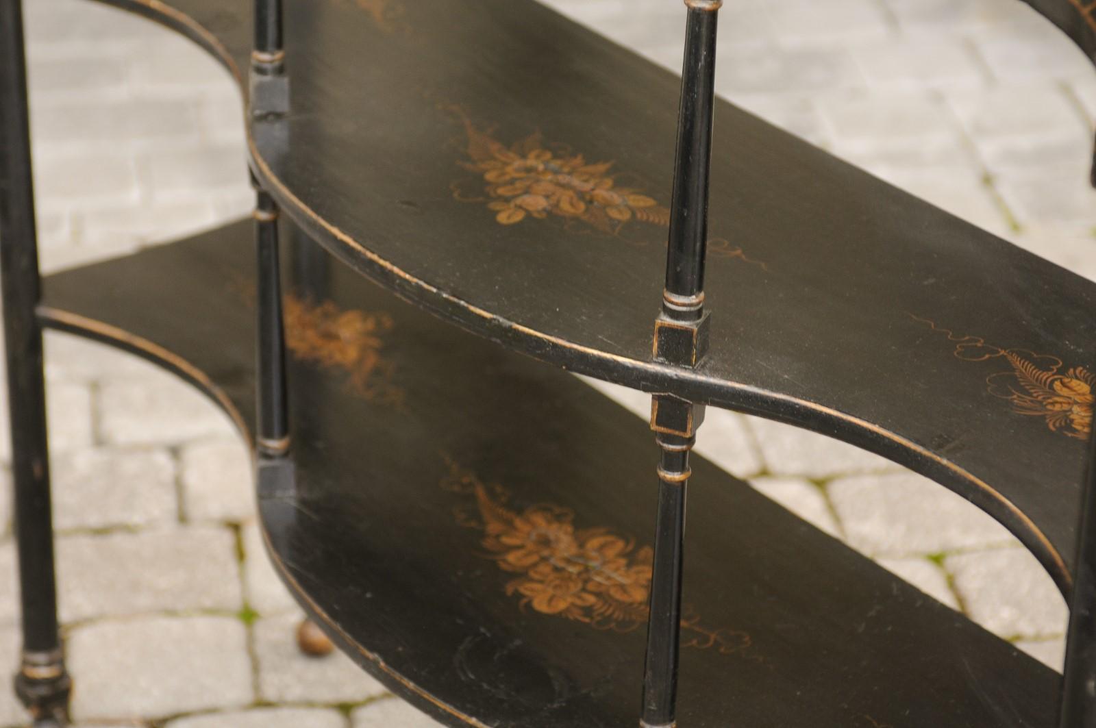 English 1920s Black Tiered Console Table with Hand-Painted Chinoiserie Décor 8