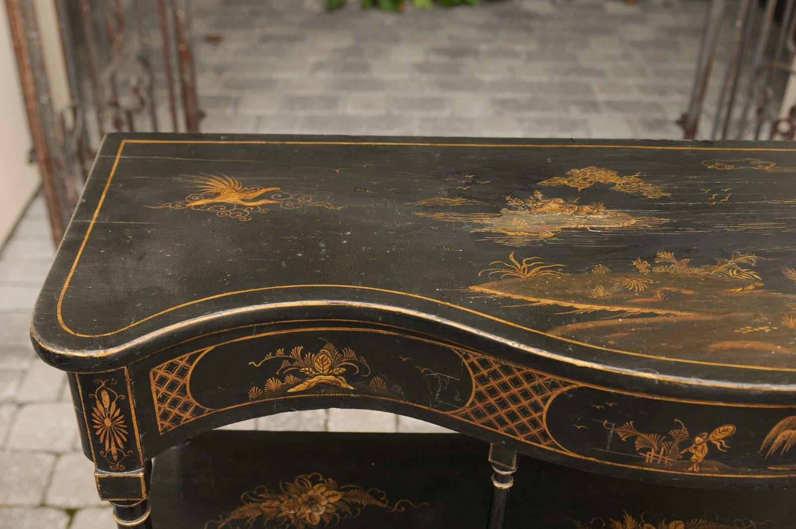 20th Century English 1920s Black Tiered Console Table with Hand-Painted Chinoiserie Décor