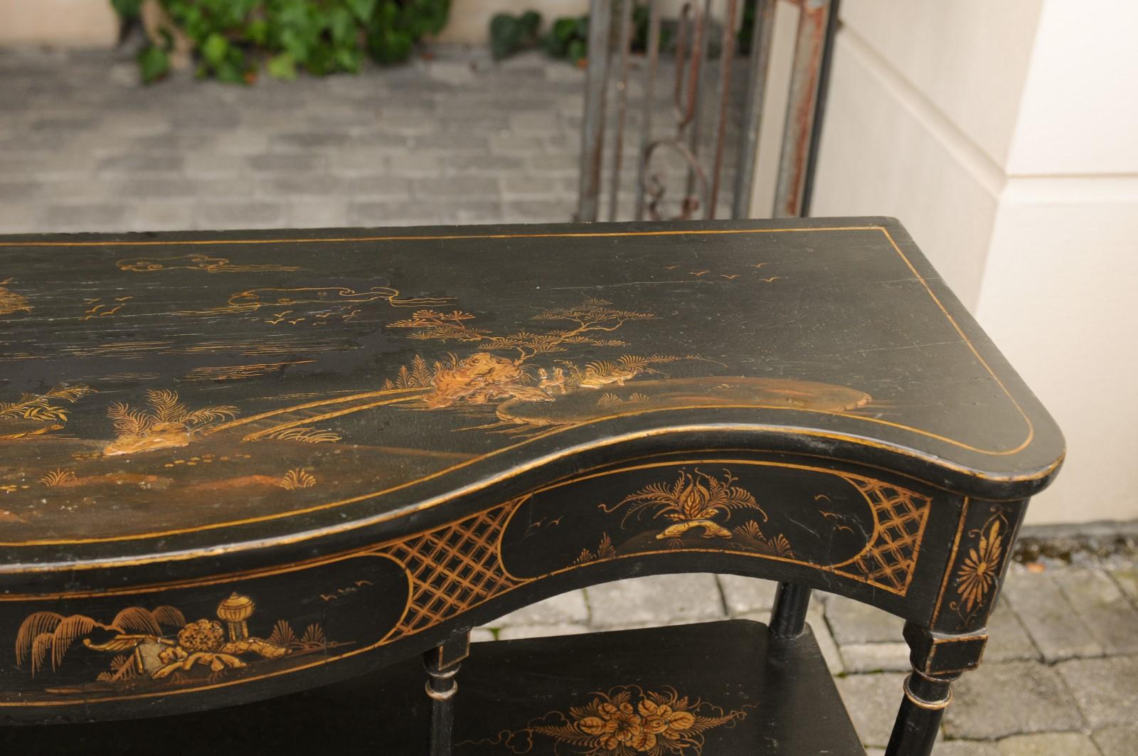 English 1920s Black Tiered Console Table with Hand-Painted Chinoiserie Décor 1