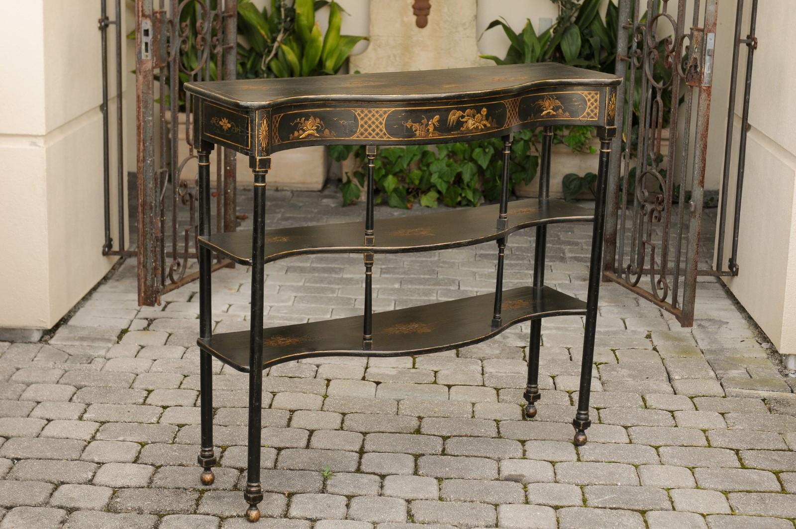 English 1920s Black Tiered Console Table with Hand-Painted Chinoiserie Décor 2