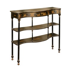 English 1920s Black Tiered Console Table with Hand-Painted Chinoiserie Décor