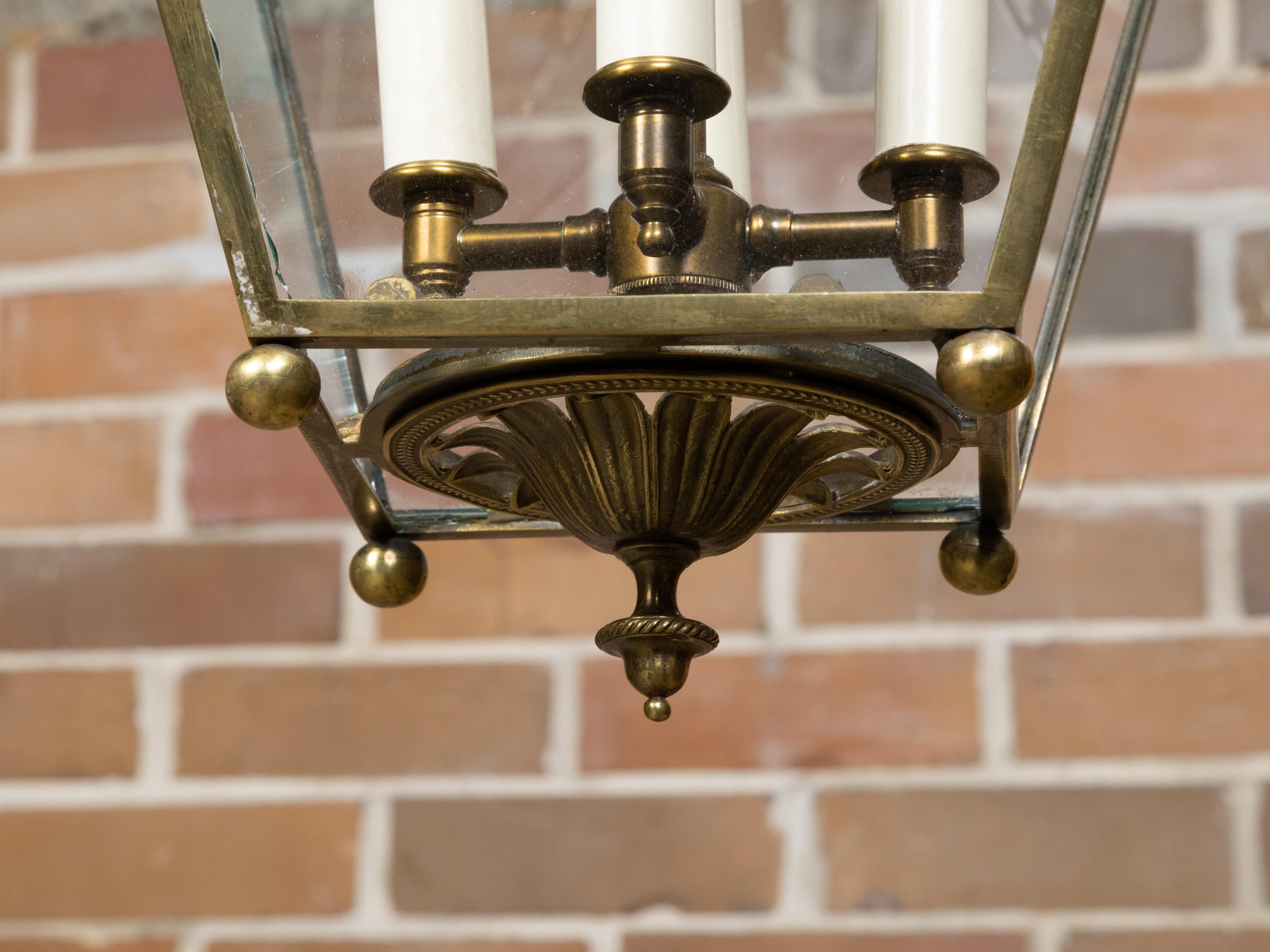 English 1920s Brass Four-Light Lantern with Glass Panels with Angel Motifs For Sale 6