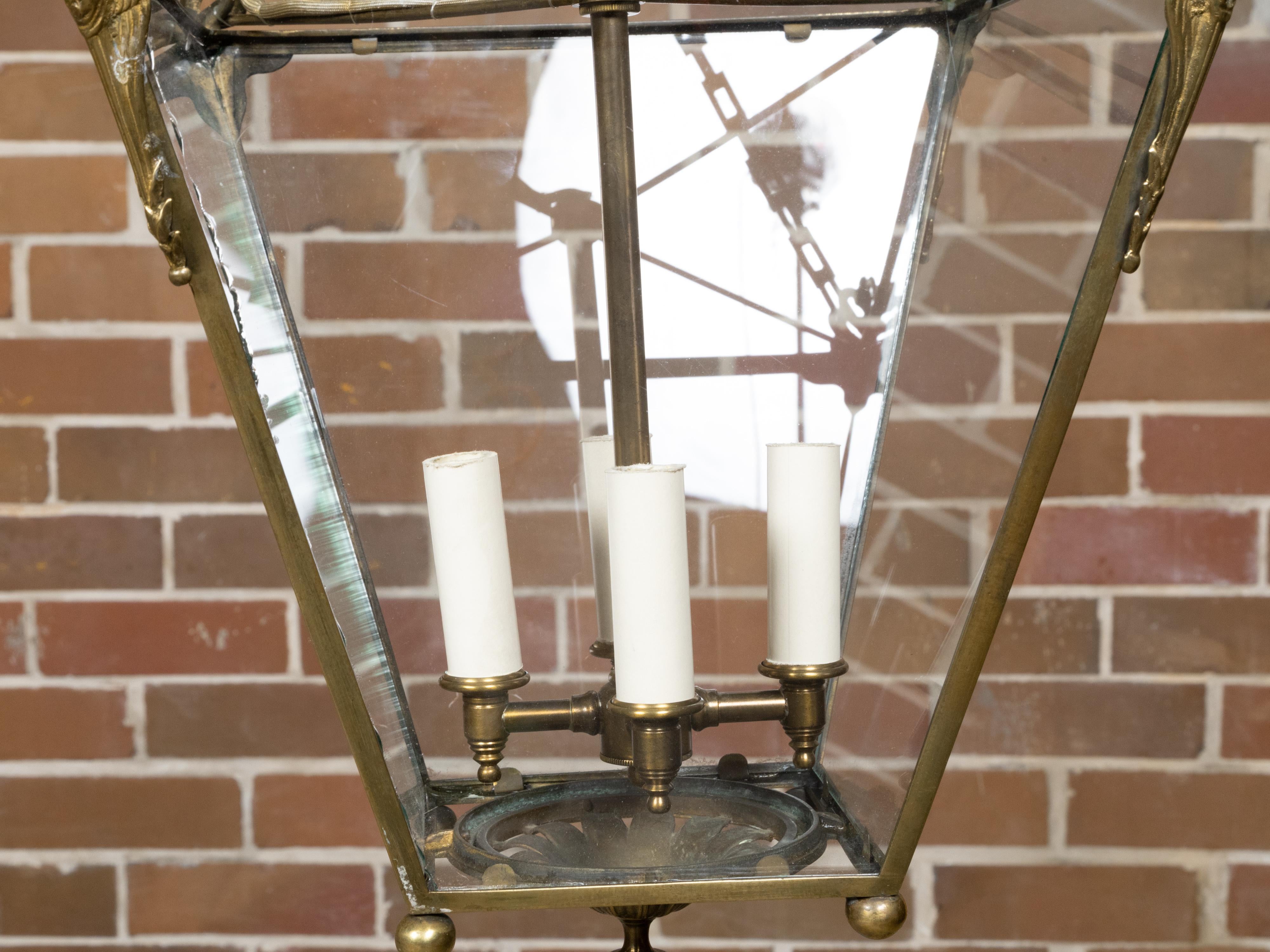 English 1920s Brass Four-Light Lantern with Glass Panels with Angel Motifs For Sale 7
