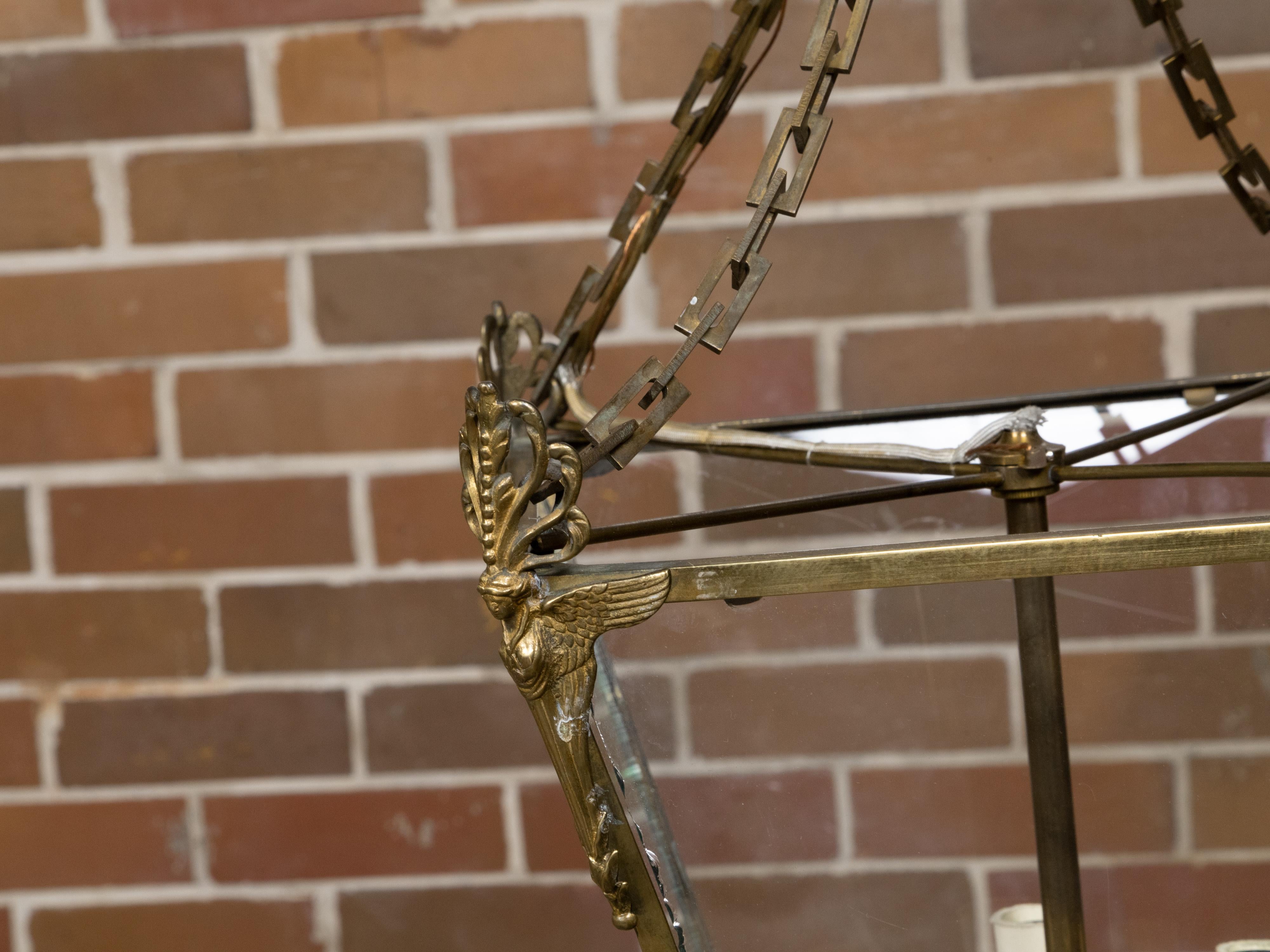 English 1920s Brass Four-Light Lantern with Glass Panels with Angel Motifs For Sale 9