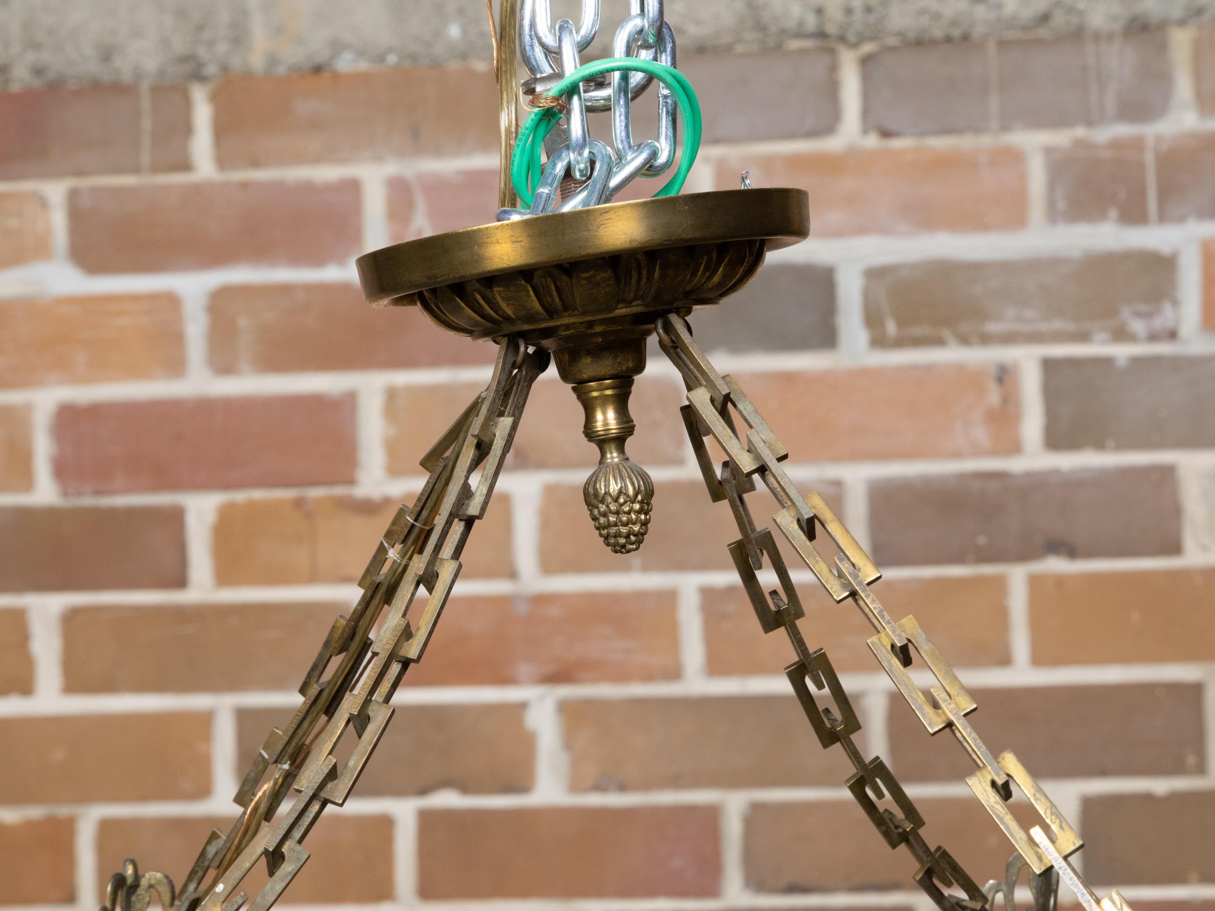 English 1920s Brass Four-Light Lantern with Glass Panels with Angel Motifs For Sale 10