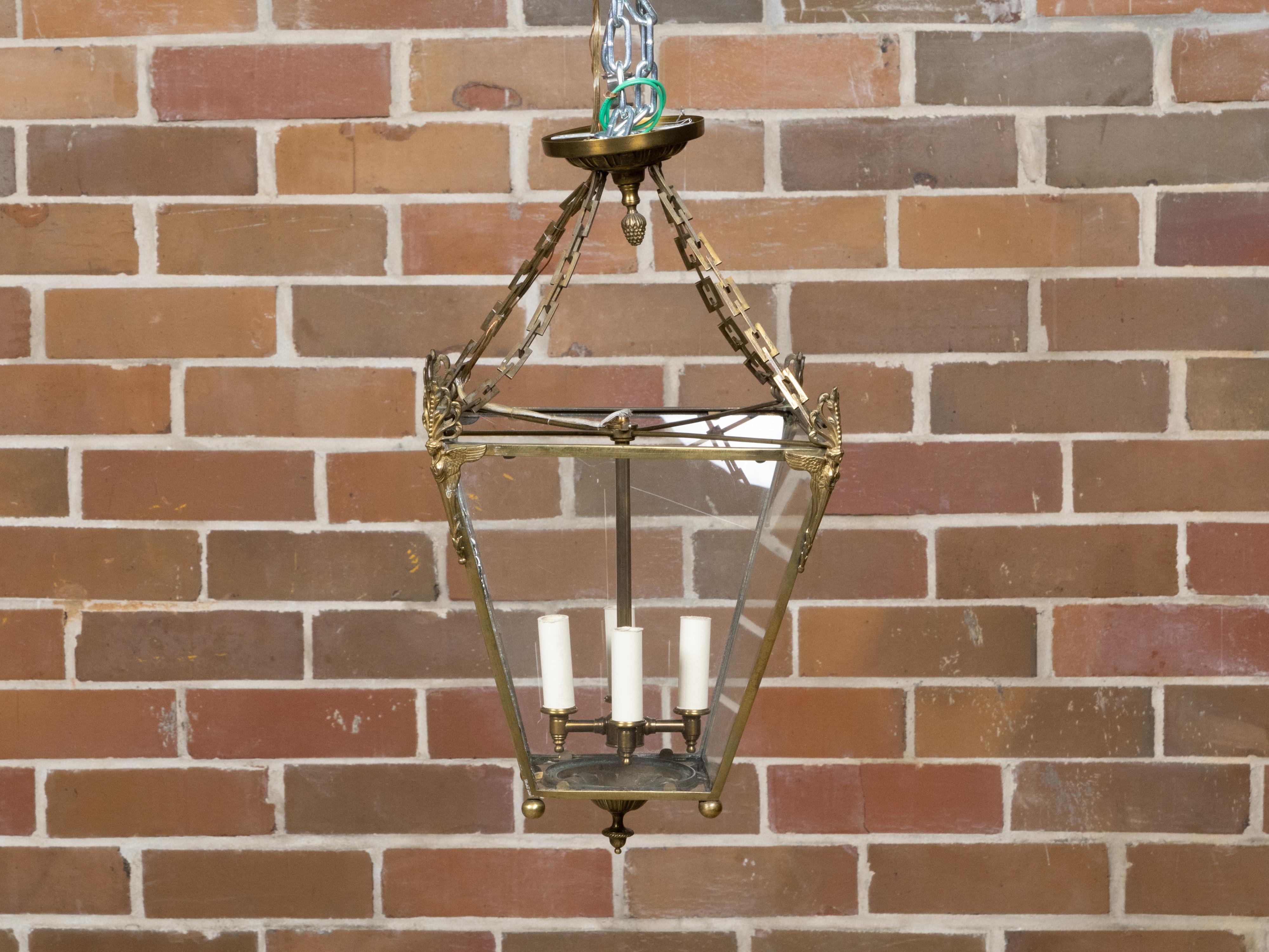 English 1920s Brass Four-Light Lantern with Glass Panels with Angel Motifs For Sale 11