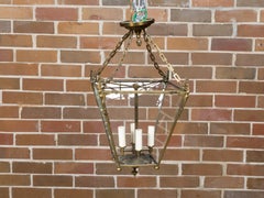 English 1920s Brass Four-Light Lantern with Glass Panels with Angel Motifs