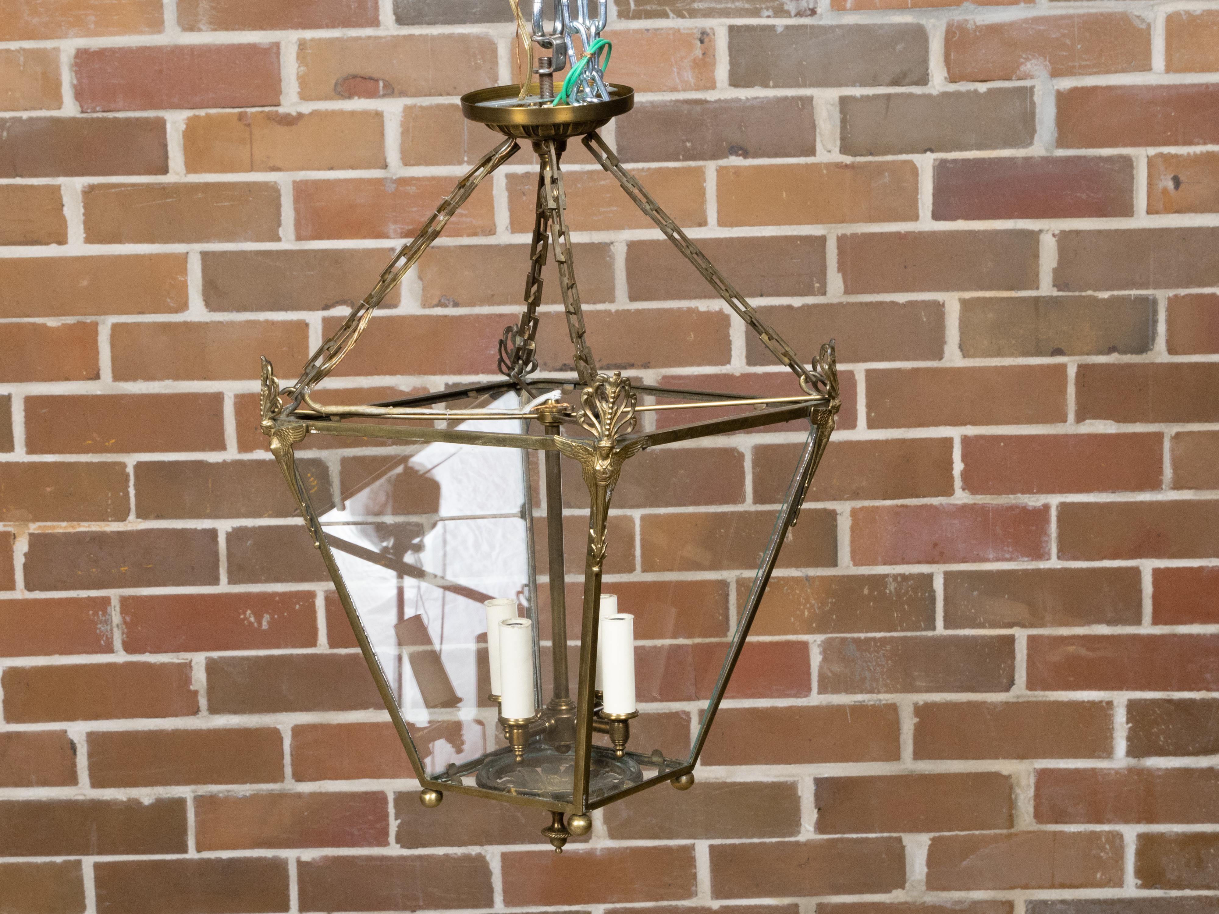 English 1920s Brass Four-Light Lantern with Glass Panels with Angel Motifs In Good Condition For Sale In Atlanta, GA