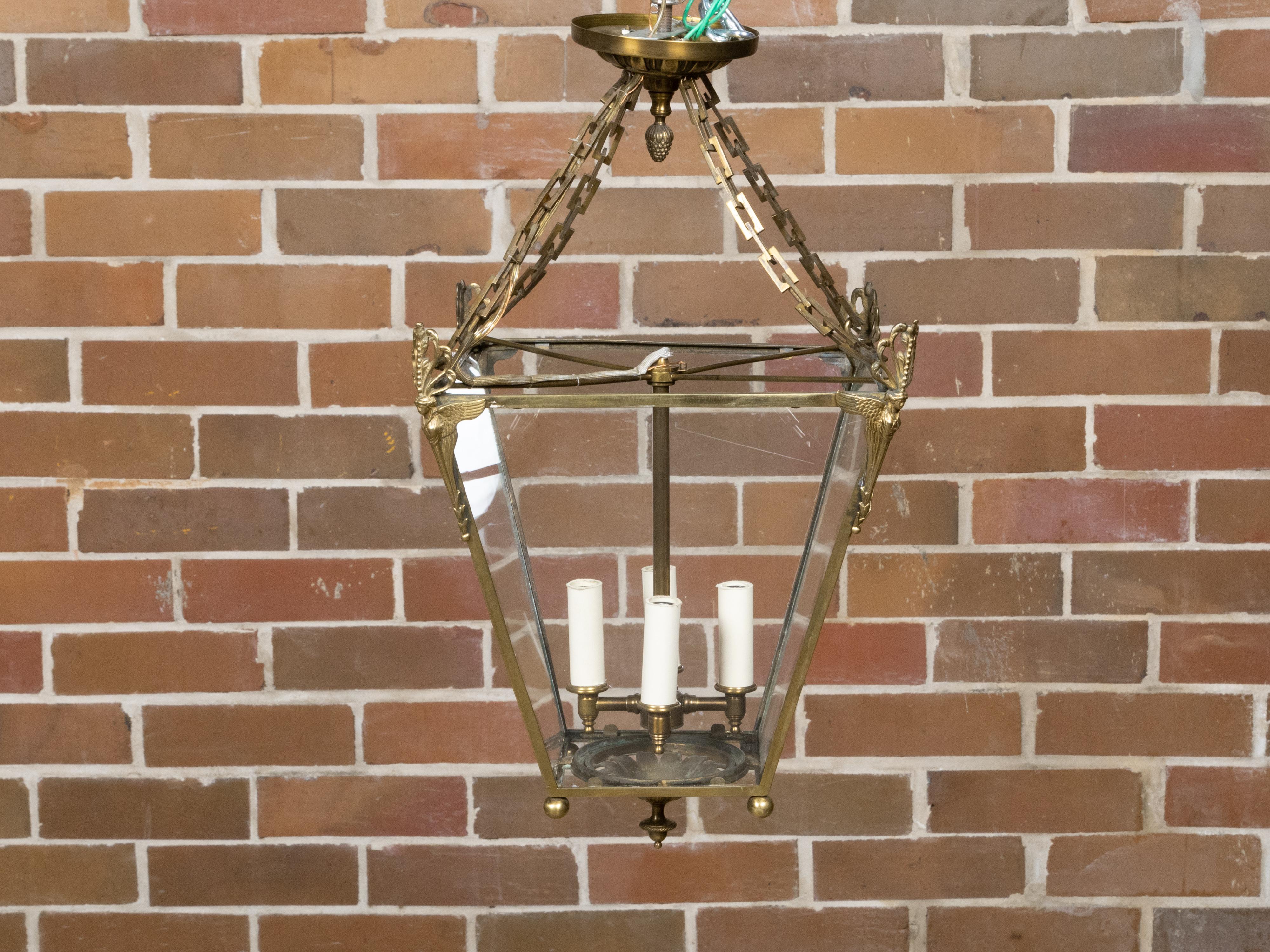 20th Century English 1920s Brass Four-Light Lantern with Glass Panels with Angel Motifs For Sale
