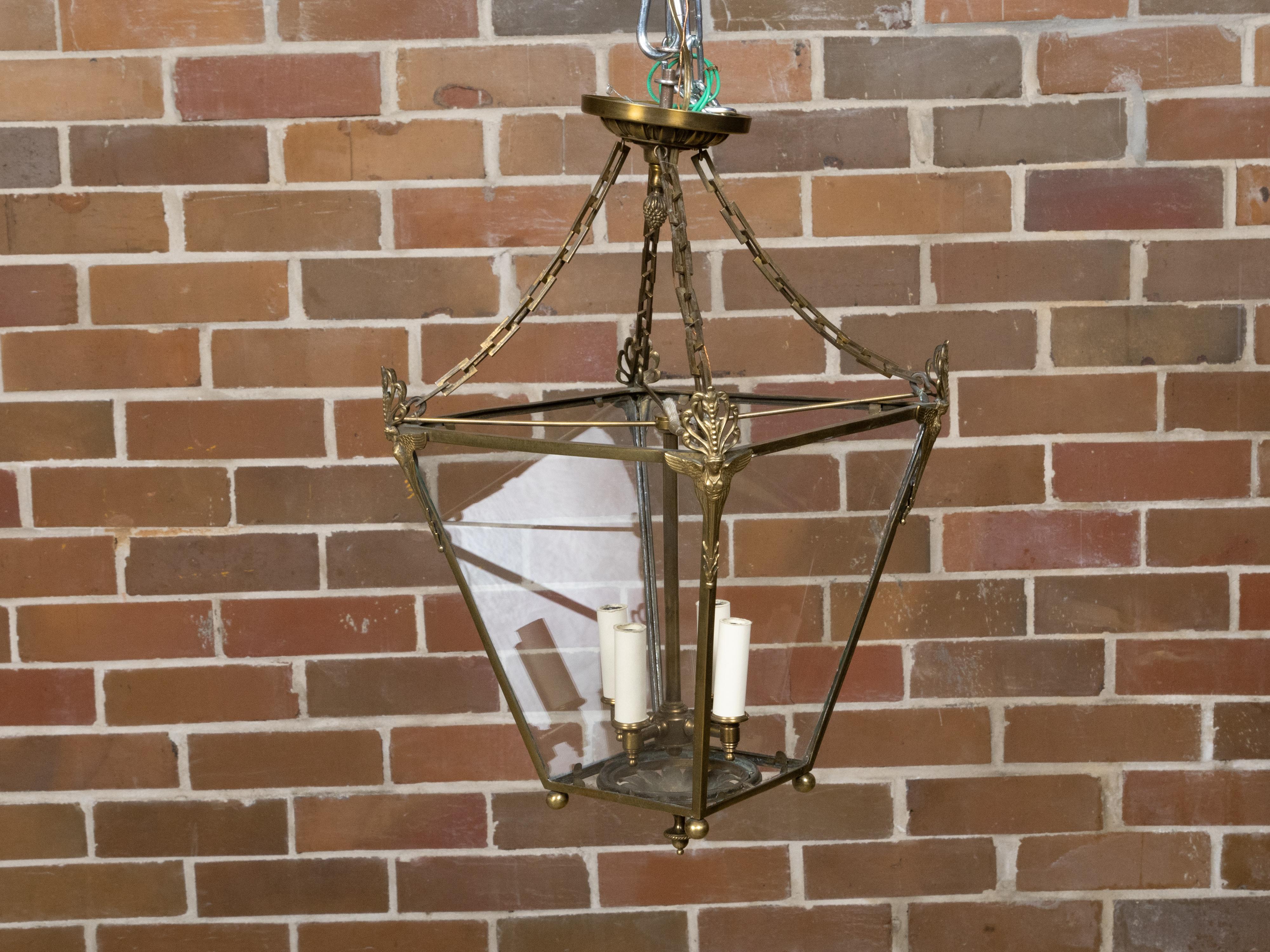 English 1920s Brass Four-Light Lantern with Glass Panels with Angel Motifs For Sale 1