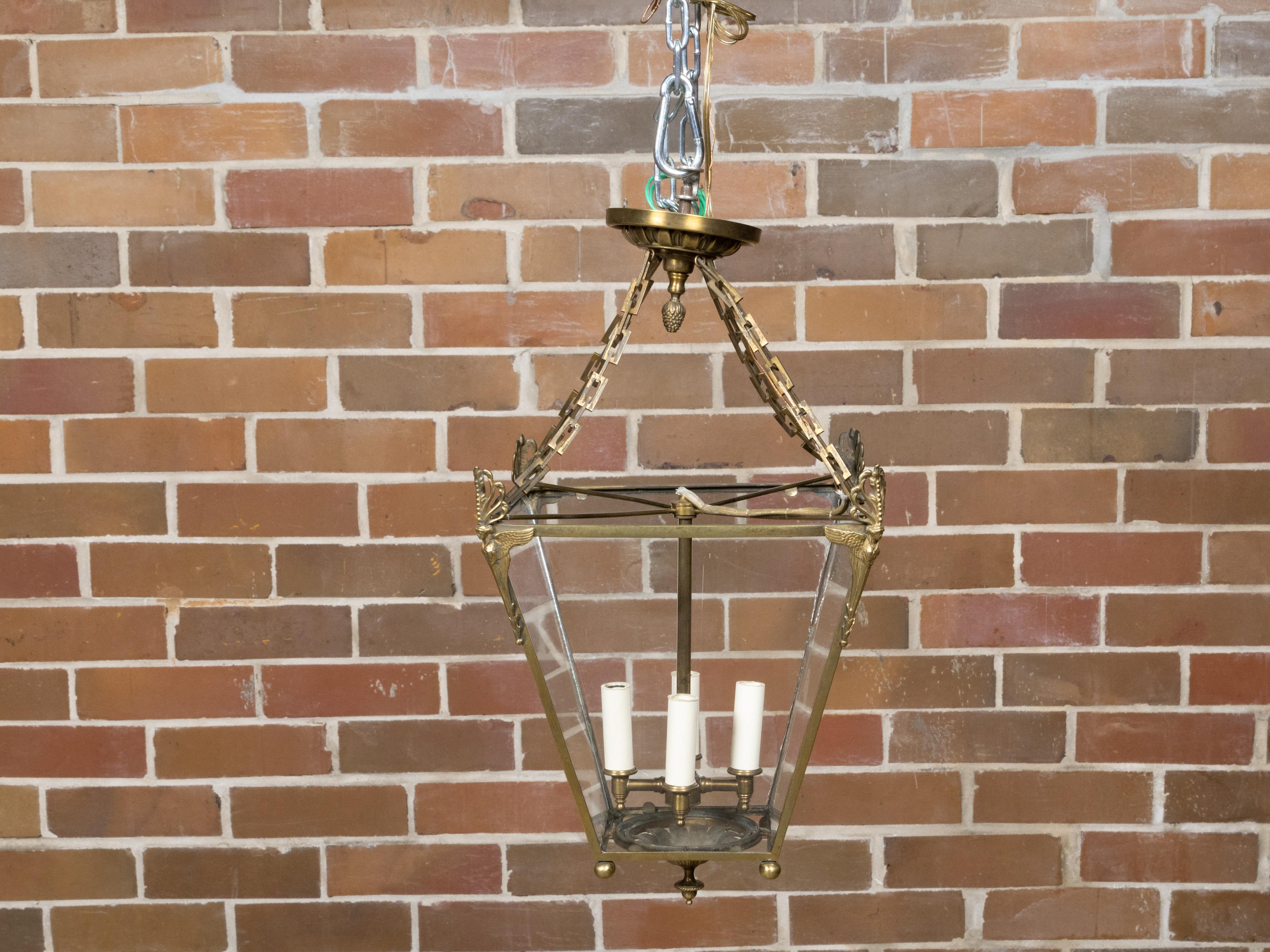 English 1920s Brass Four-Light Lantern with Glass Panels with Angel Motifs For Sale 2