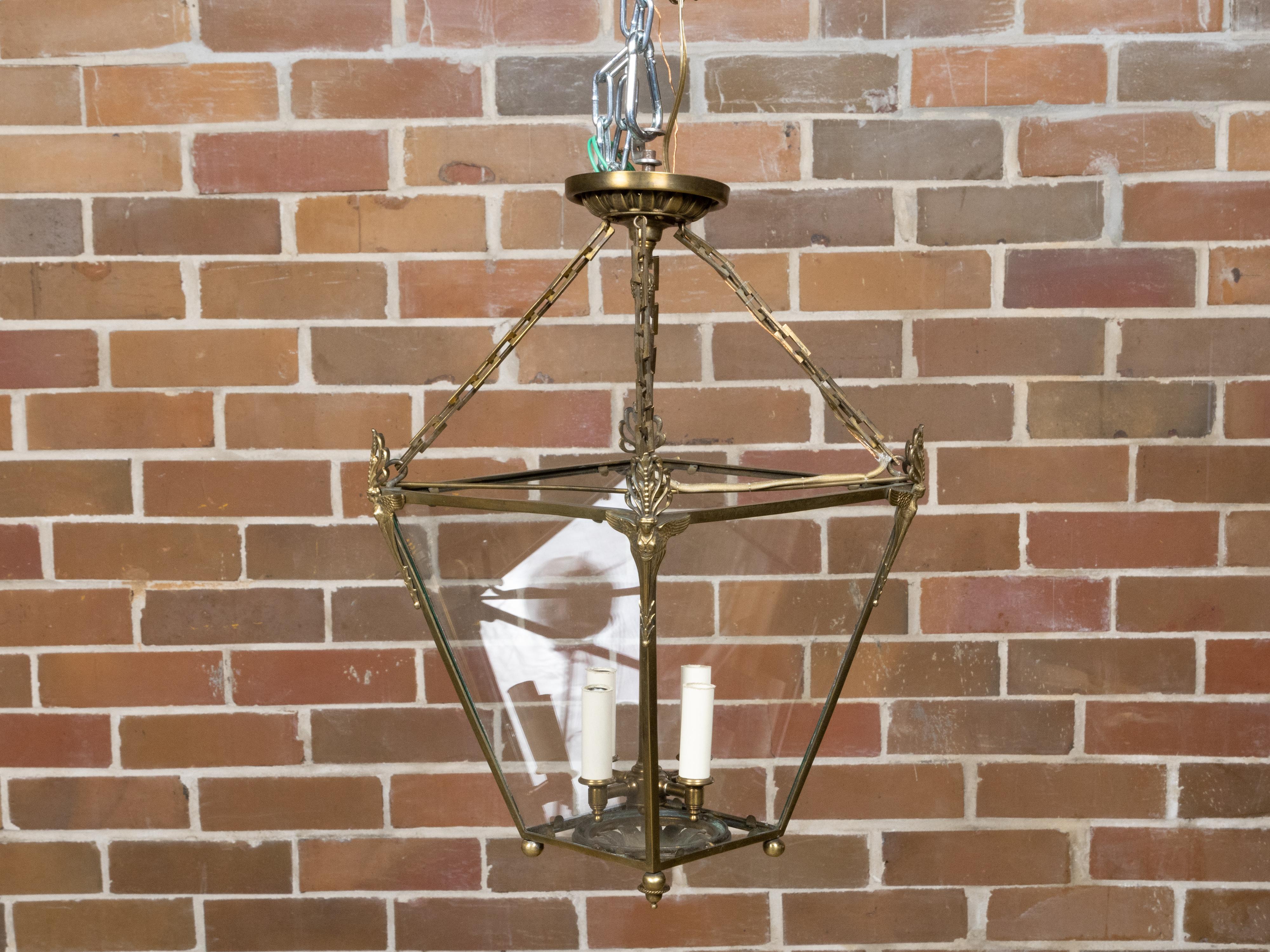 English 1920s Brass Four-Light Lantern with Glass Panels with Angel Motifs For Sale 3