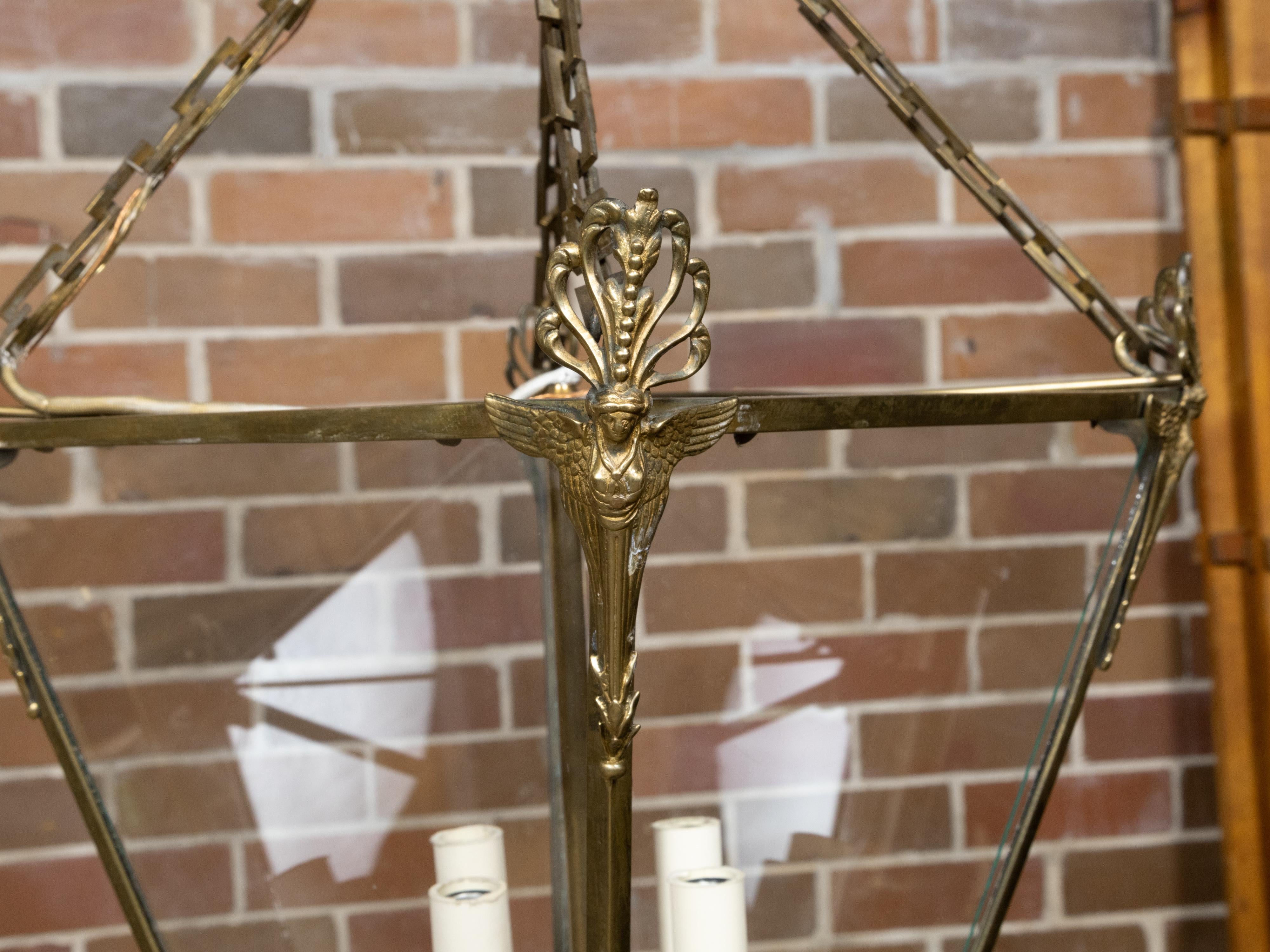 English 1920s Brass Four-Light Lantern with Glass Panels with Angel Motifs For Sale 4