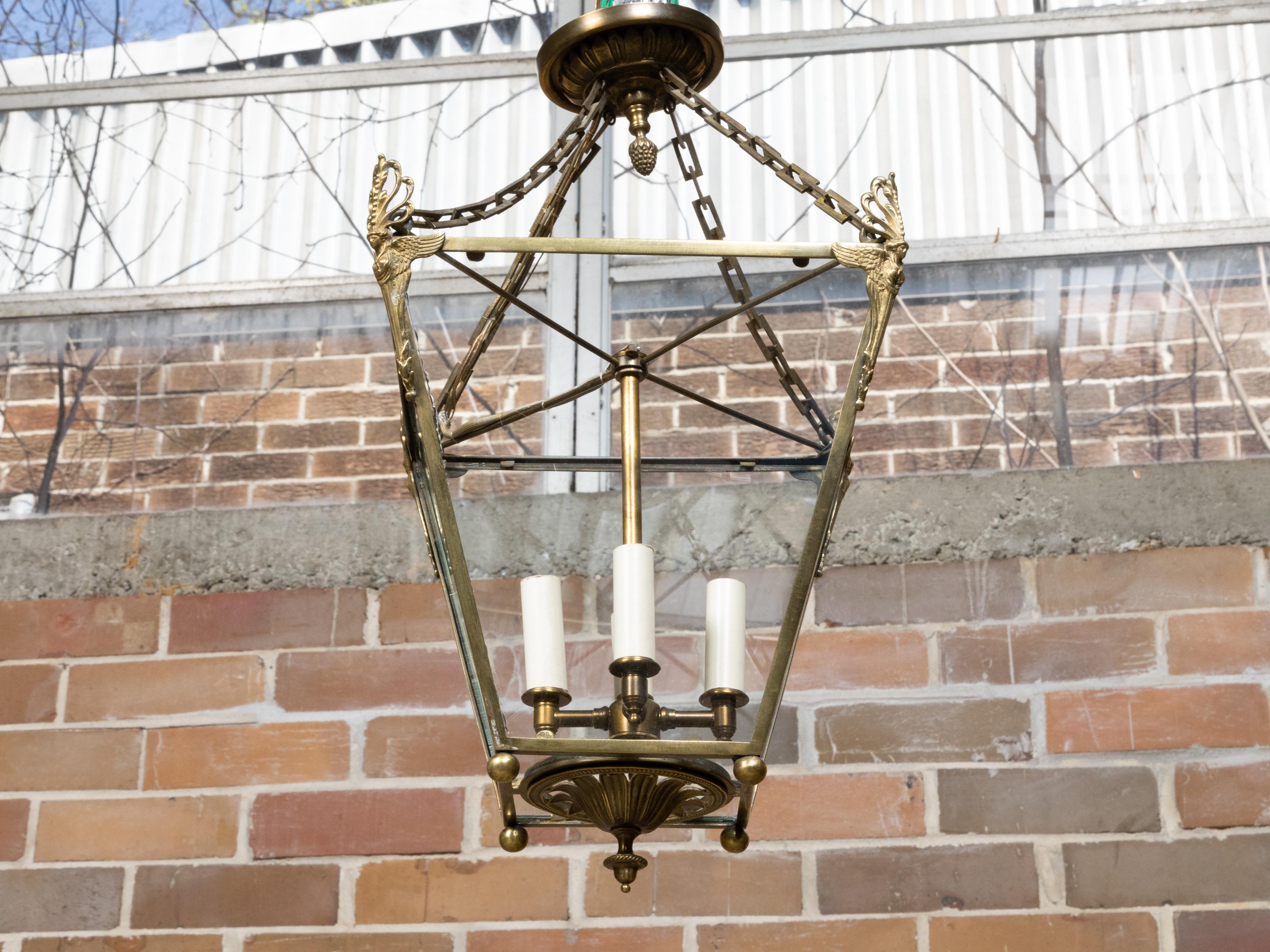 English 1920s Brass Four-Light Lantern with Glass Panels with Angel Motifs For Sale 5