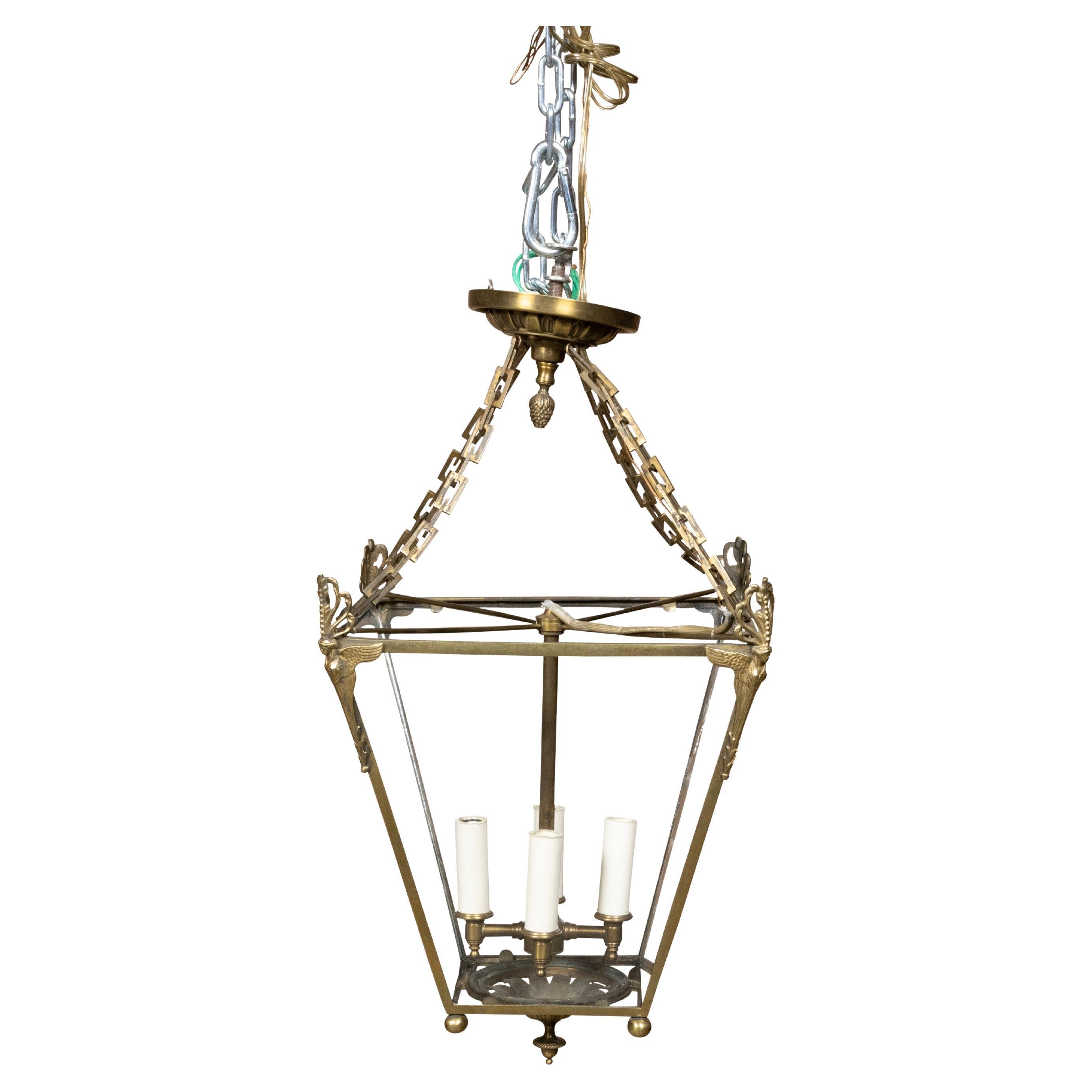 English 1920s Brass Four-Light Lantern with Glass Panels with Angel Motifs For Sale