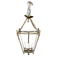 English 1920s Brass Four-Light Lantern with Glass Panels with Angel Motifs