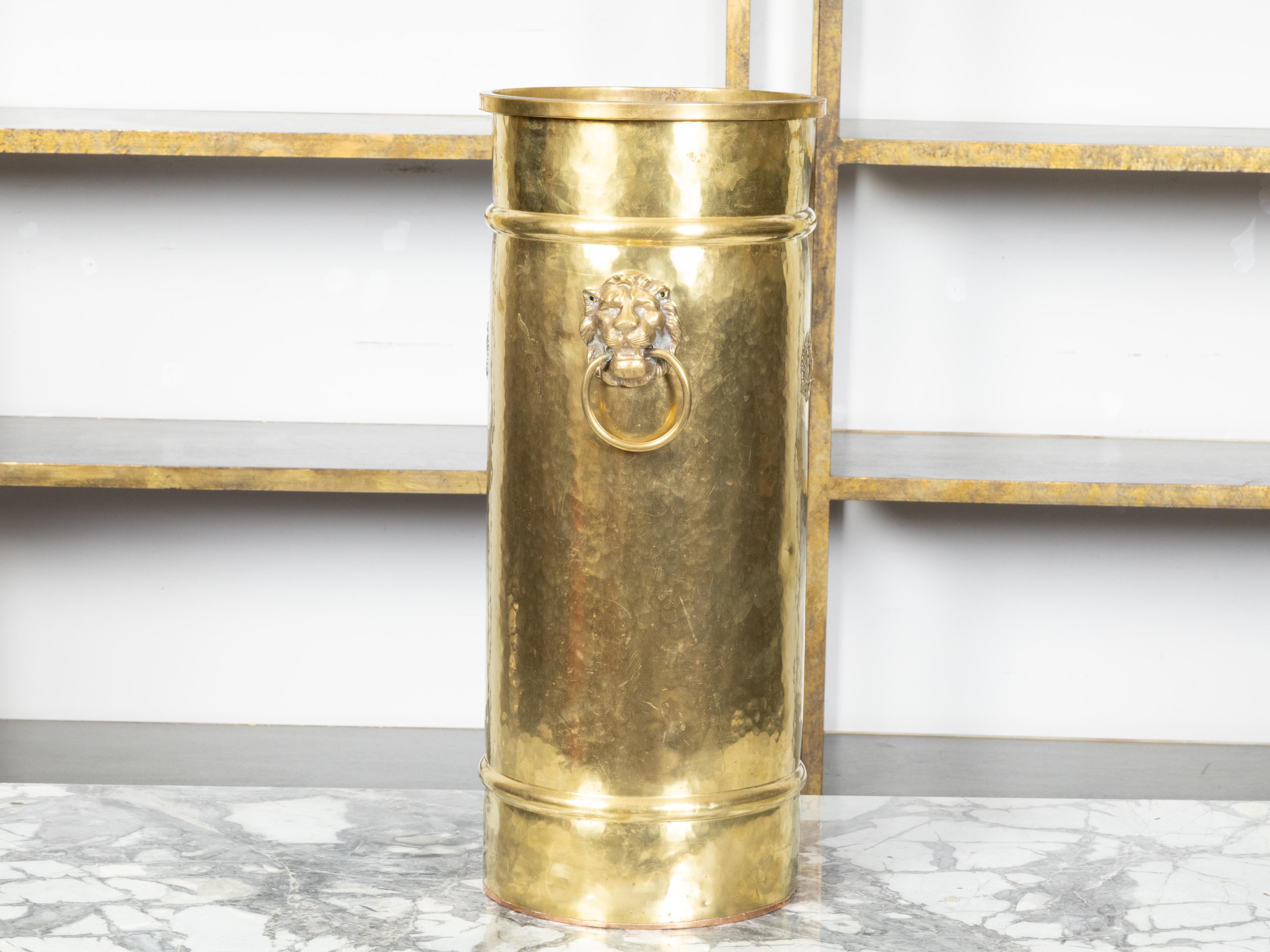 English 1920s Brass Umbrella Stand with Double-Headed Eagle Heraldic Motif 1