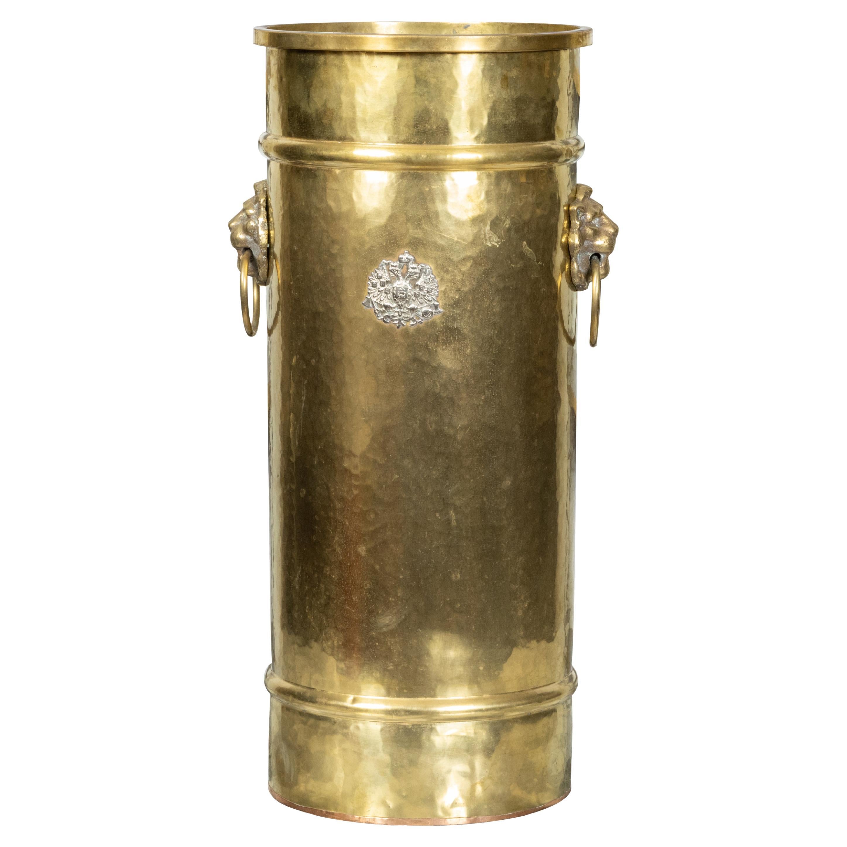 English 1920s Brass Umbrella Stand with Double-Headed Eagle Heraldic Motif