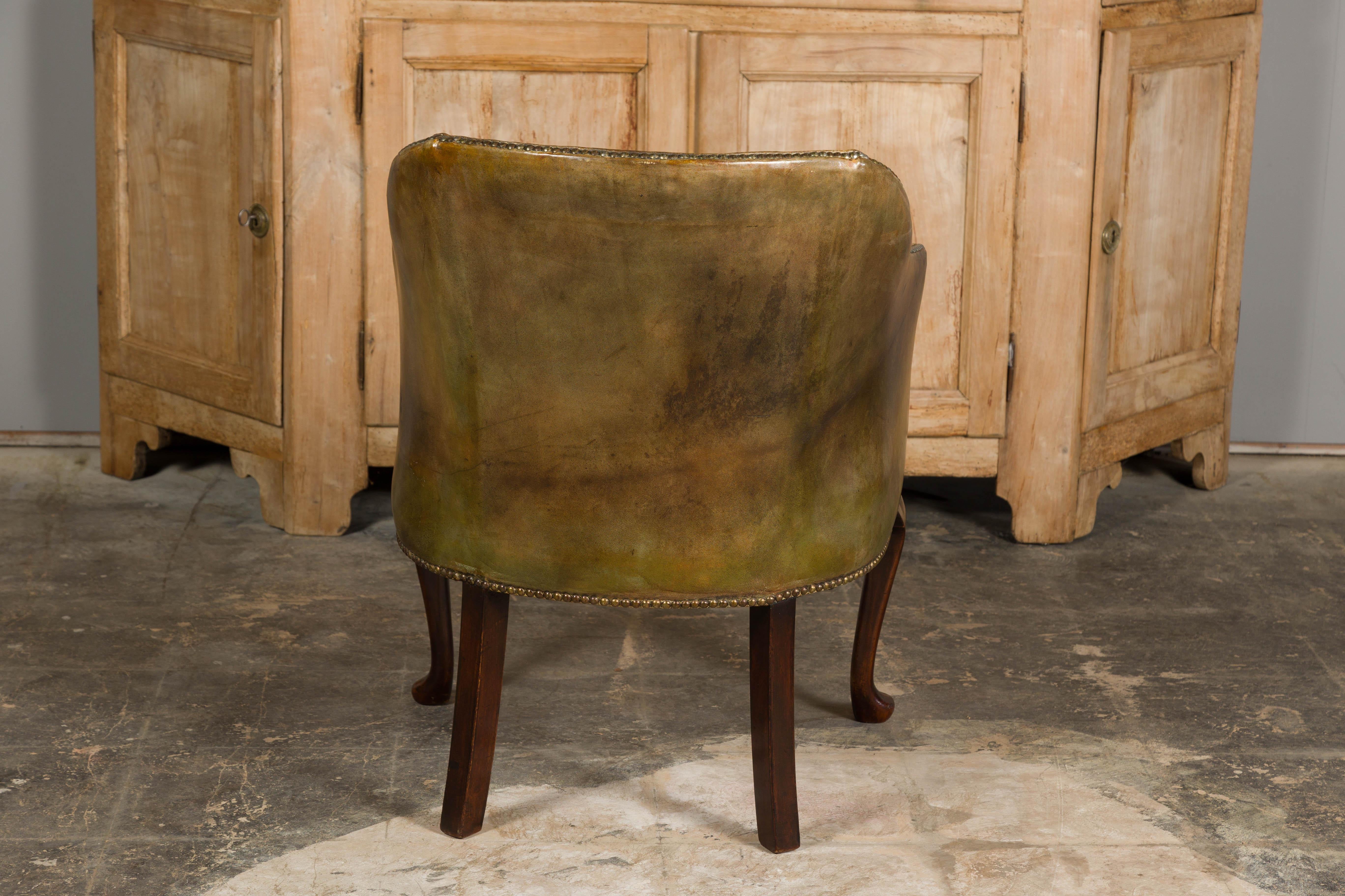 English 1920s Brownish Green Leather Chair with Mahogany Cabriole Legs  For Sale 9
