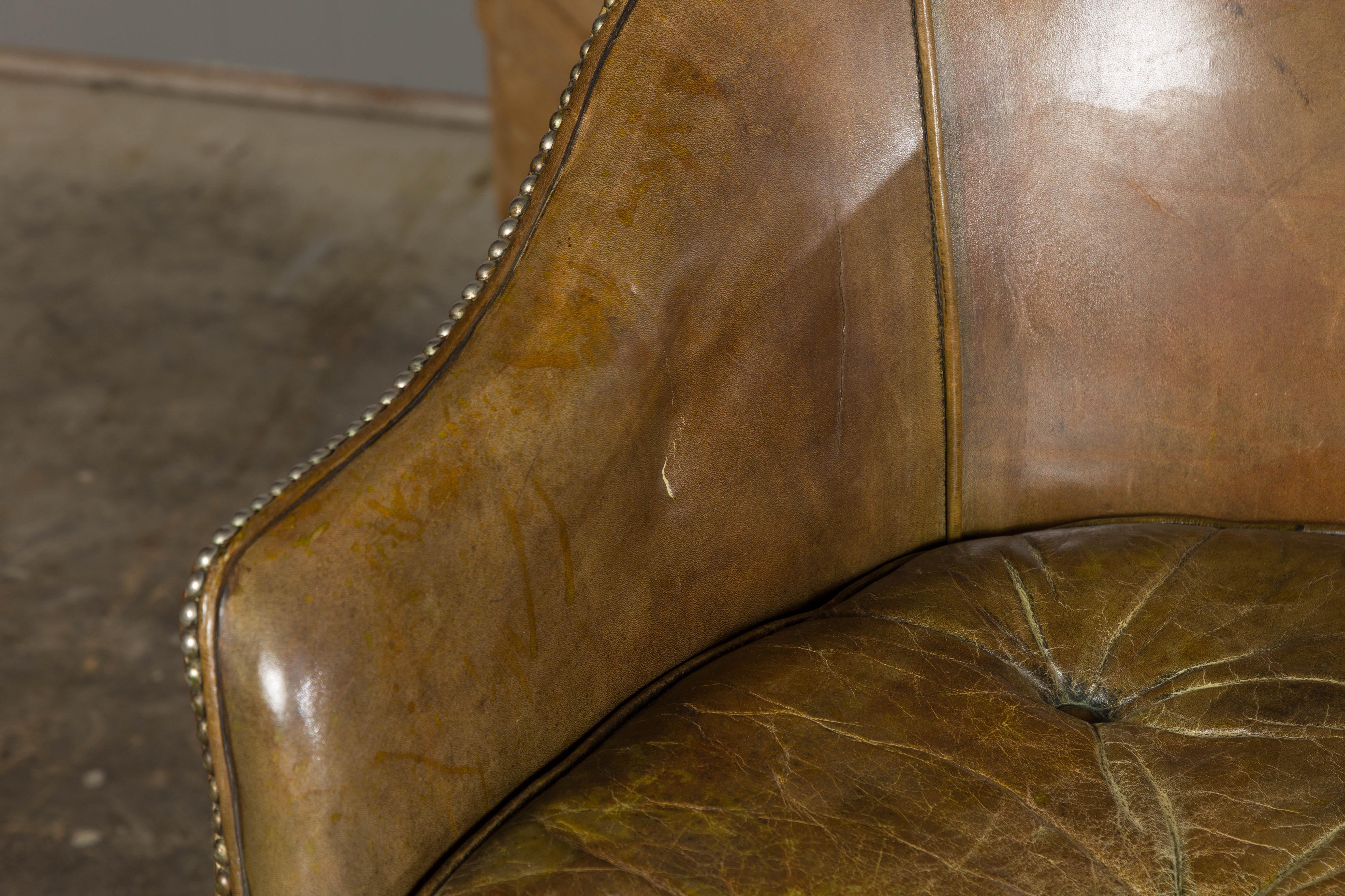 English 1920s Brownish Green Leather Chair with Mahogany Cabriole Legs  For Sale 12