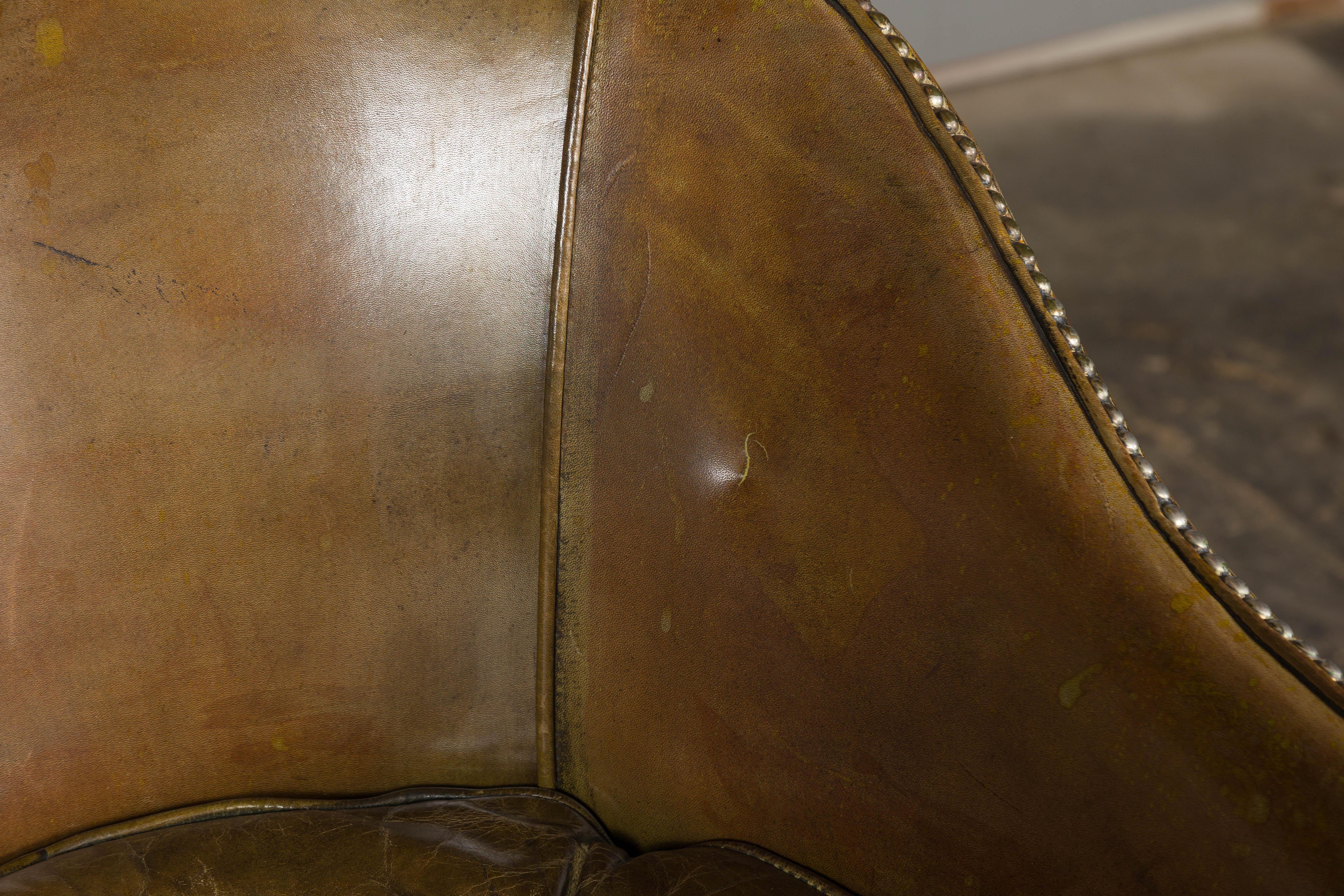 English 1920s Brownish Green Leather Chair with Mahogany Cabriole Legs  For Sale 13