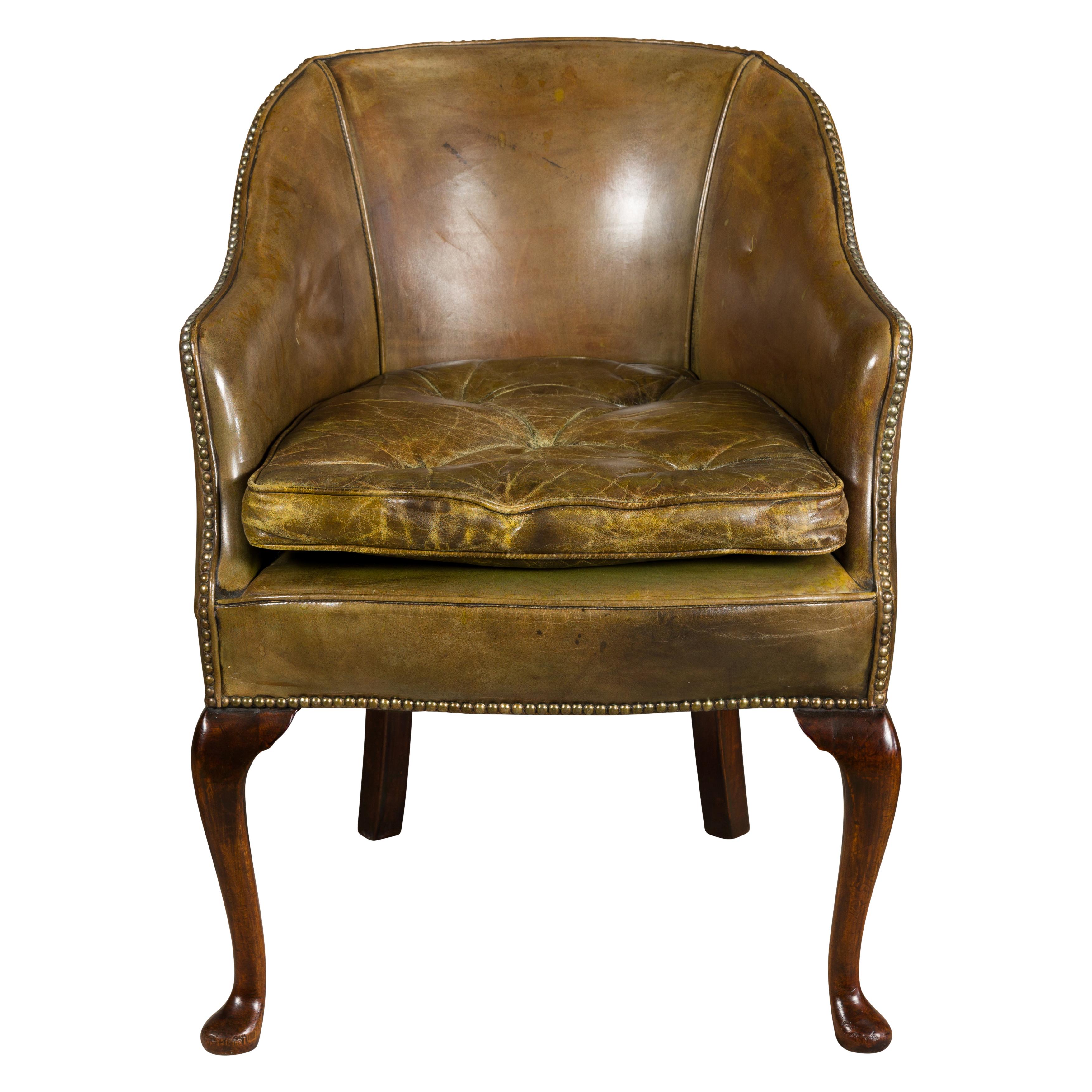 English 1920s Brownish Green Leather Chair with Mahogany Cabriole Legs  For Sale 14