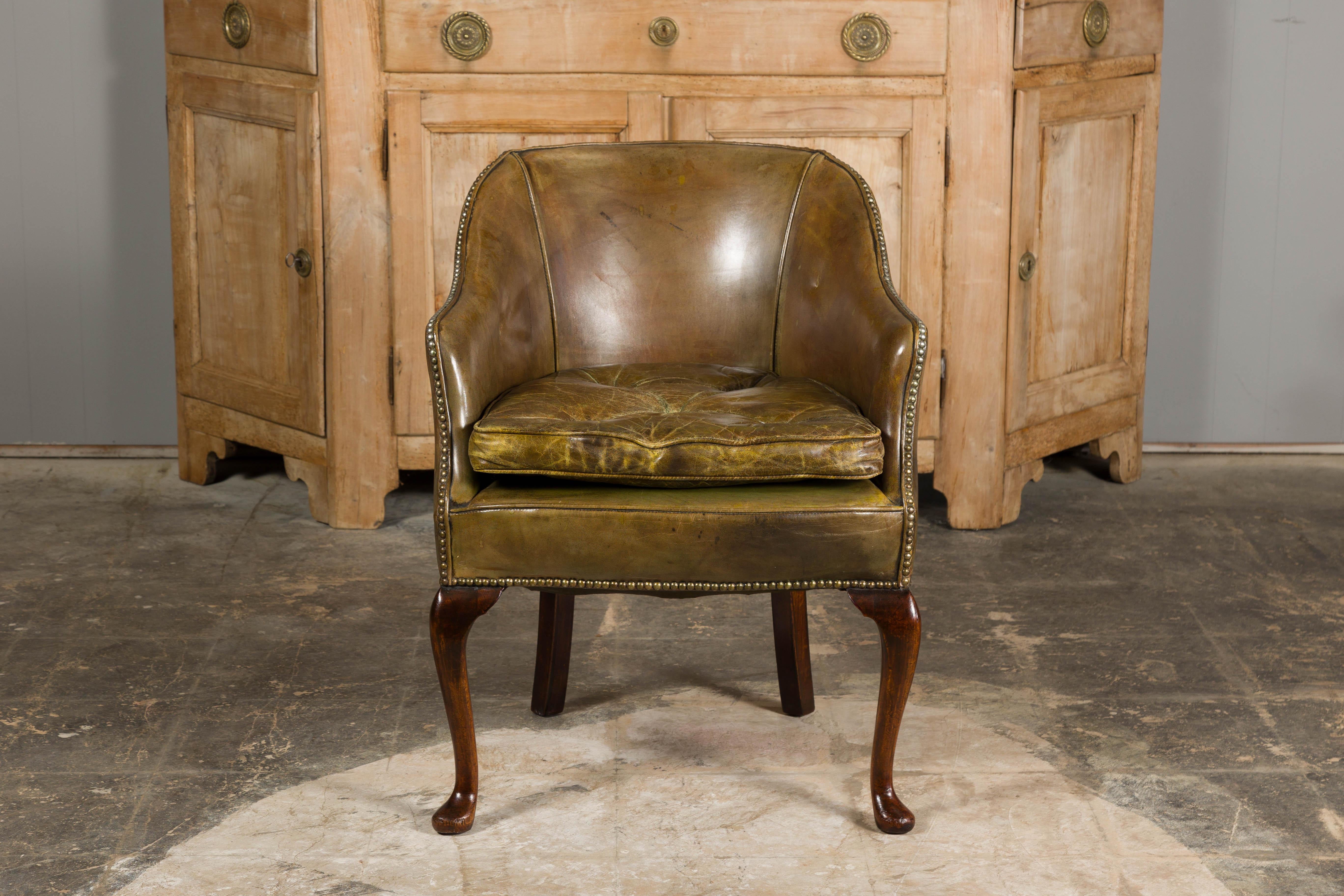 Carved English 1920s Brownish Green Leather Chair with Mahogany Cabriole Legs  For Sale
