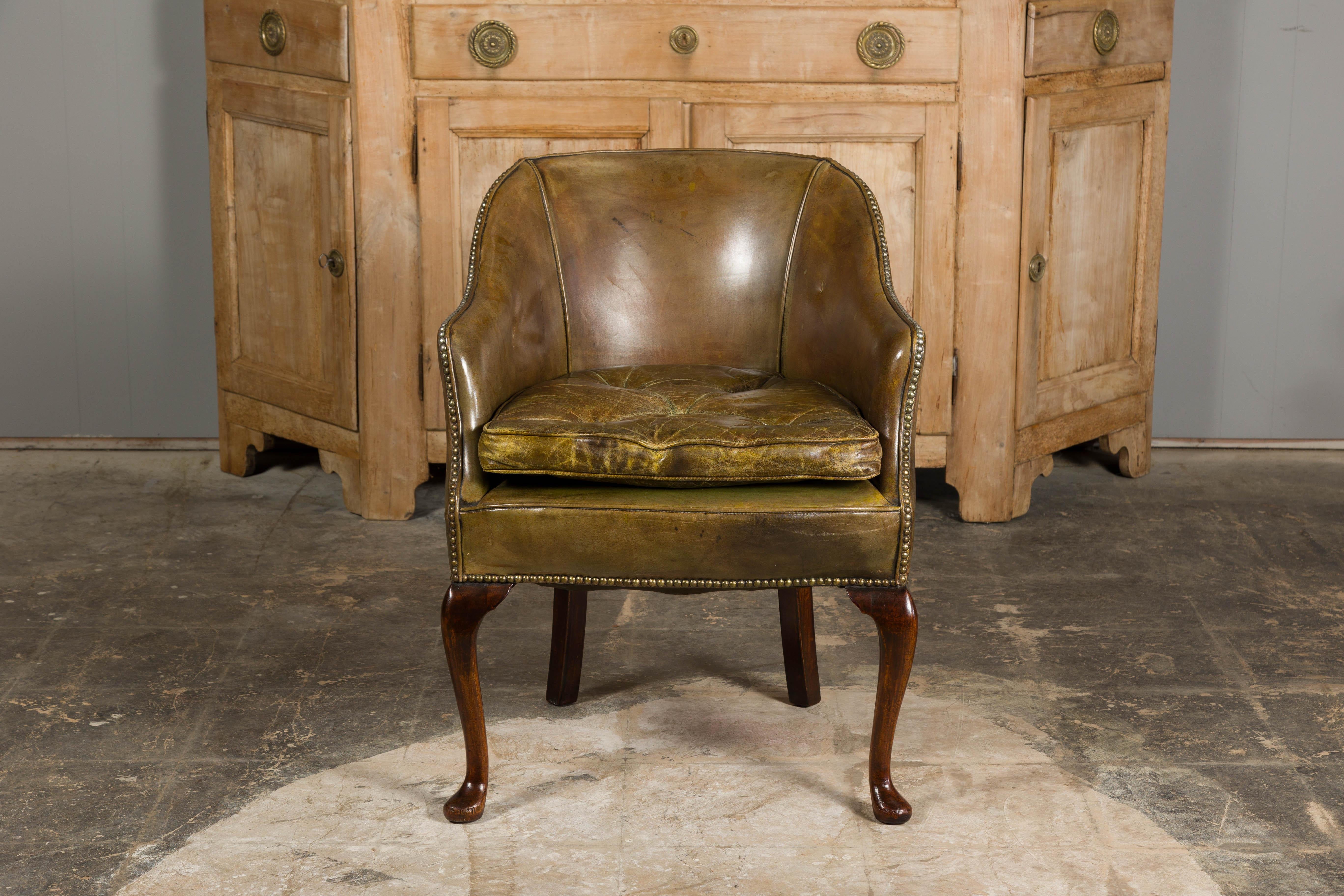 20th Century English 1920s Brownish Green Leather Chair with Mahogany Cabriole Legs  For Sale