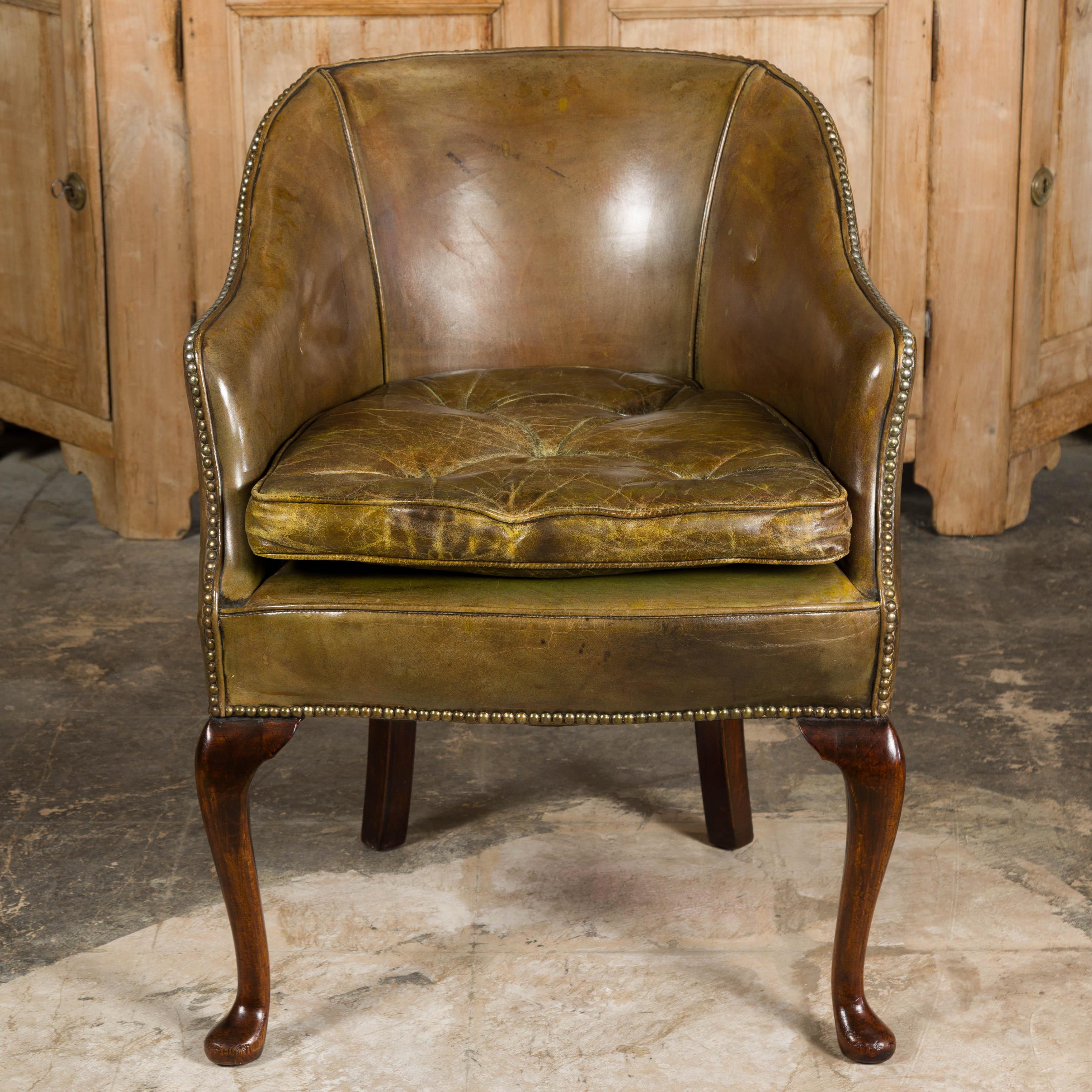 Brass English 1920s Brownish Green Leather Chair with Mahogany Cabriole Legs  For Sale