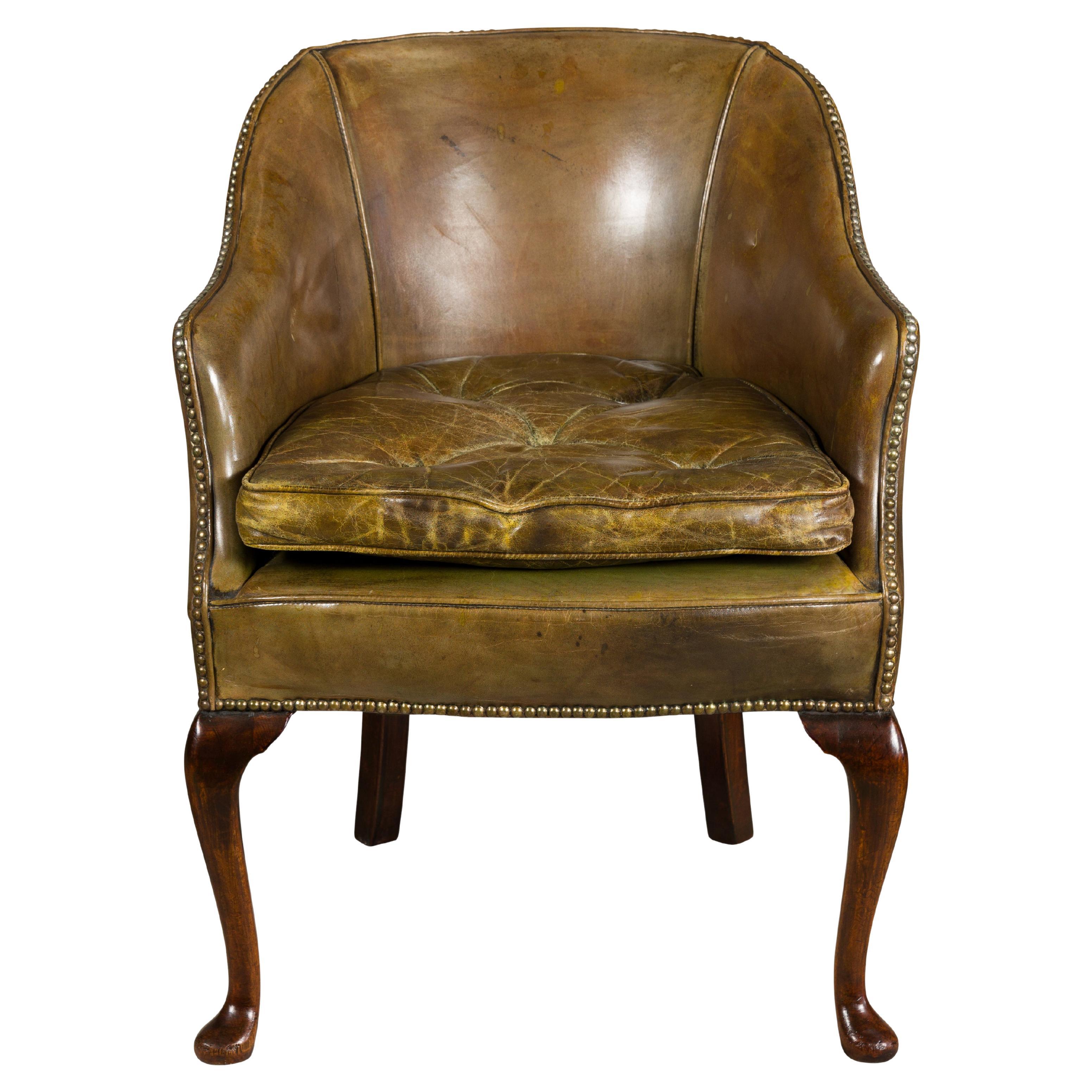 English 1920s Brownish Green Leather Chair with Mahogany Cabriole Legs  For Sale