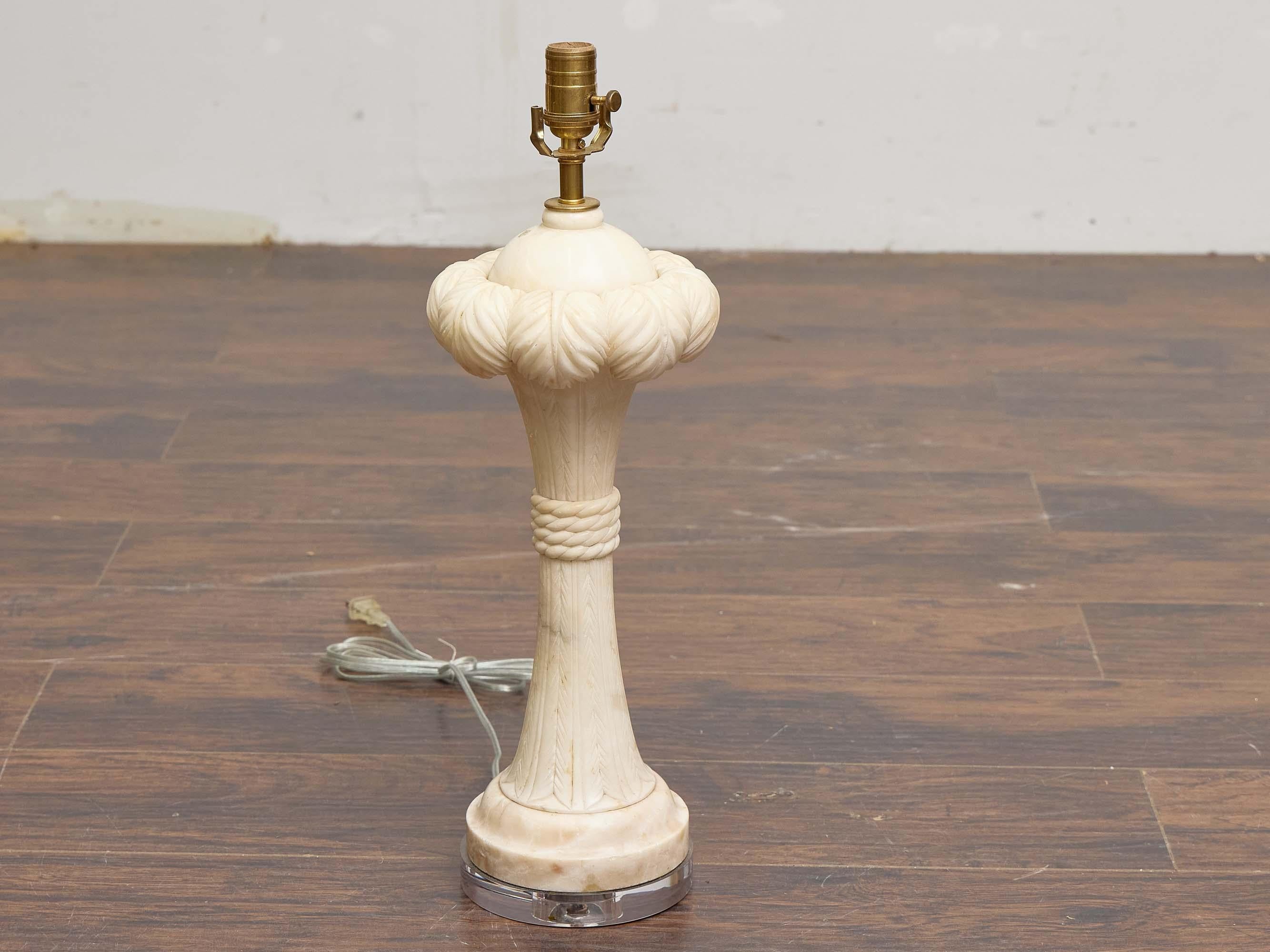 English 1920s Carved Marble Table Lamp on Custom Lucite Base, US Wired In Good Condition For Sale In Atlanta, GA