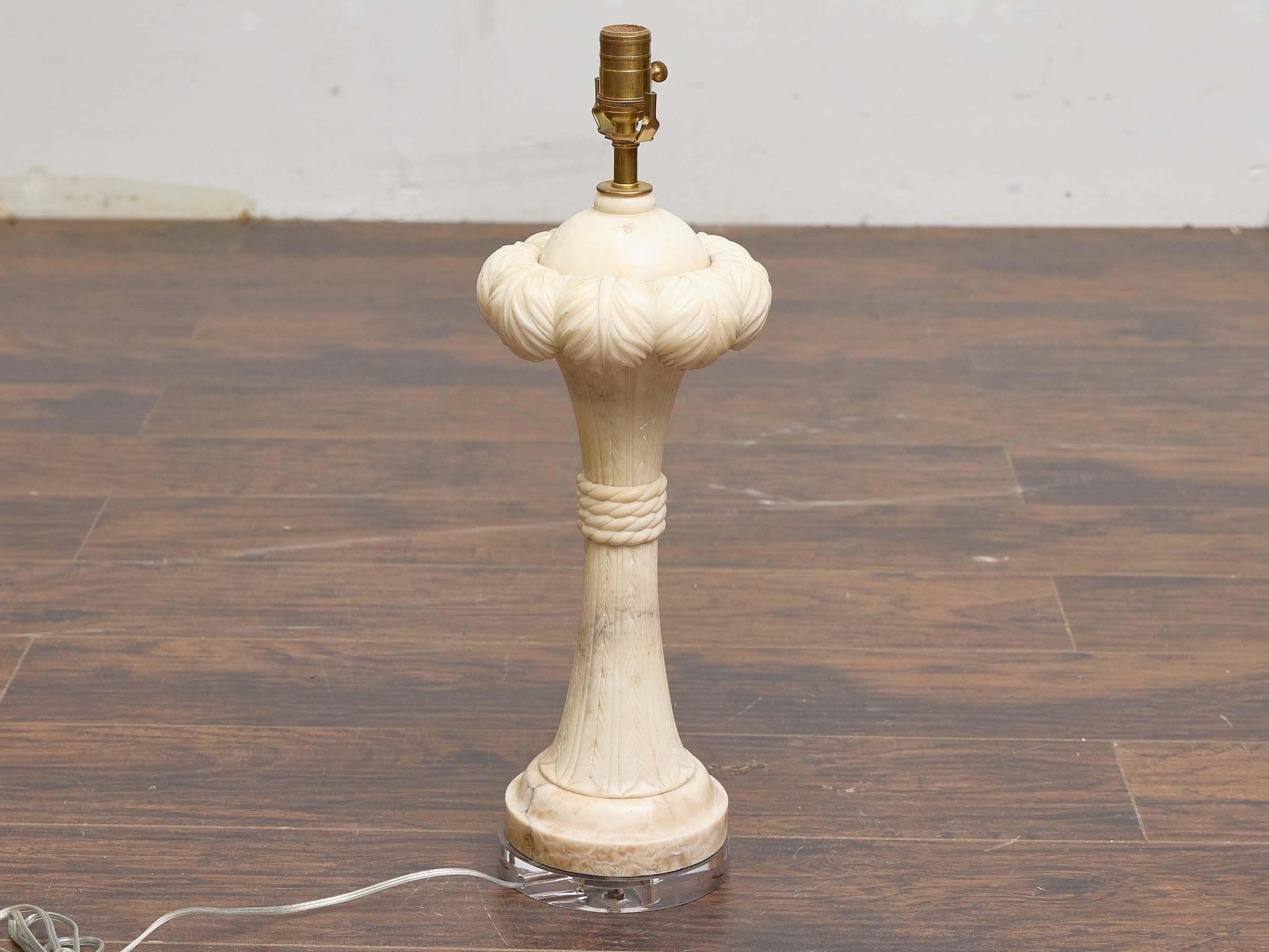 20th Century English 1920s Carved Marble Table Lamp on Custom Lucite Base, US Wired For Sale