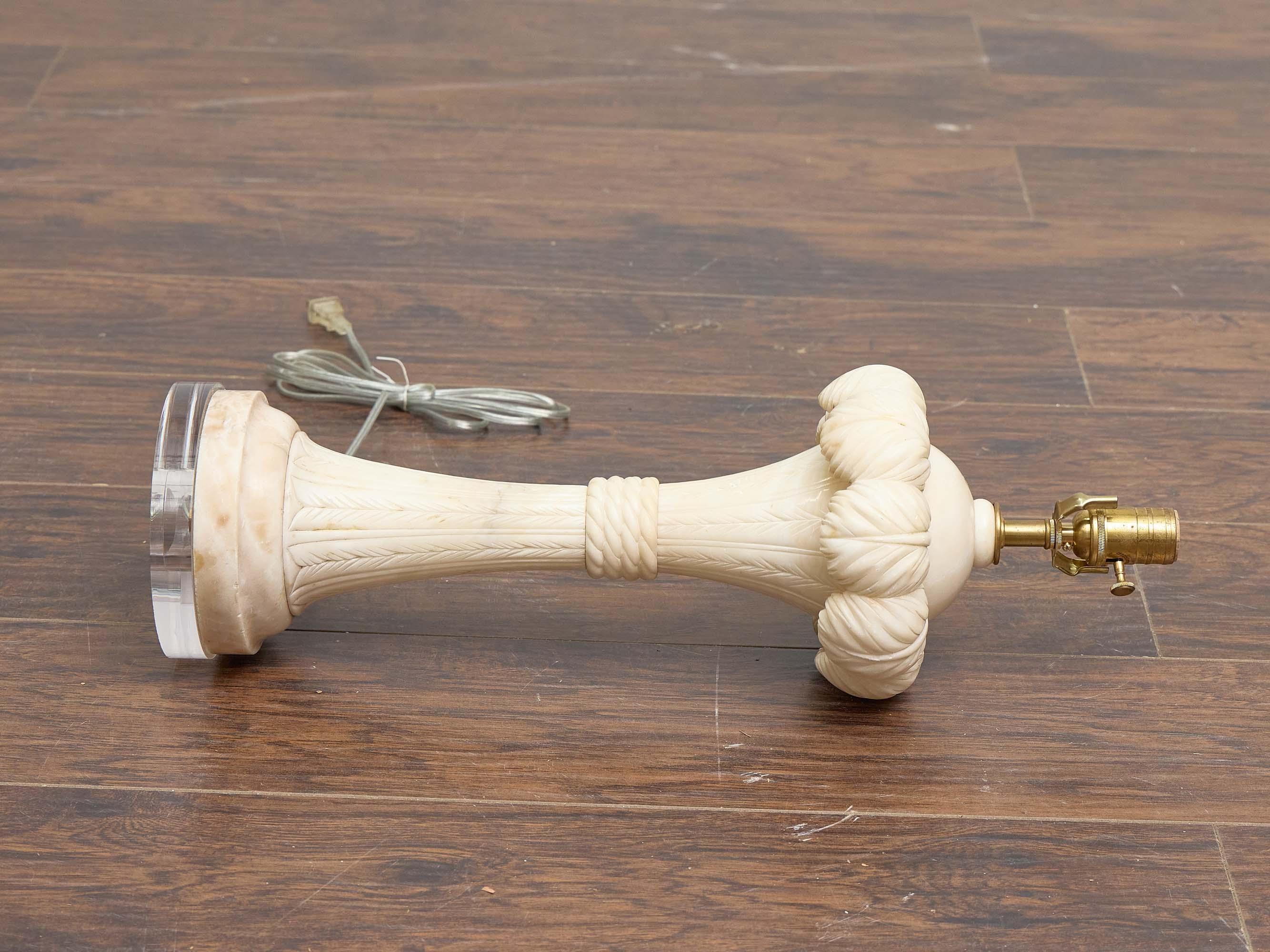 English 1920s Carved Marble Table Lamp on Custom Lucite Base, US Wired For Sale 2