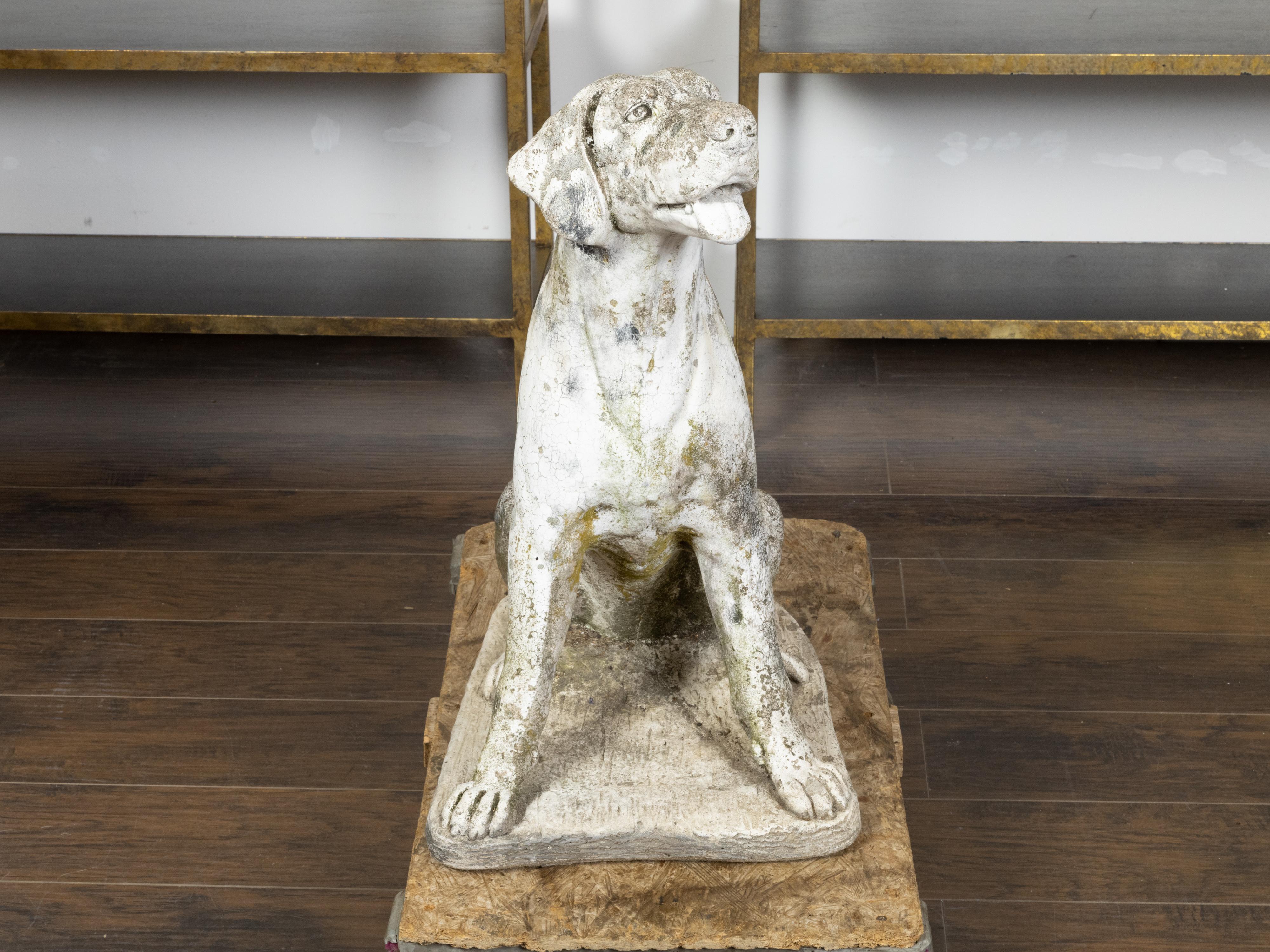 English 1920s Carved Stone Sculpture of a Dog Obediently Sitting on a Base 1