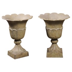 English 1920s Carved Stone Tulip Shaped Garden Urns with Rustic Character