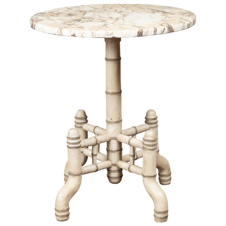 English 1920s Chinese Chippendale Painted Faux Bamboo Marble-Top Side Table For Sale