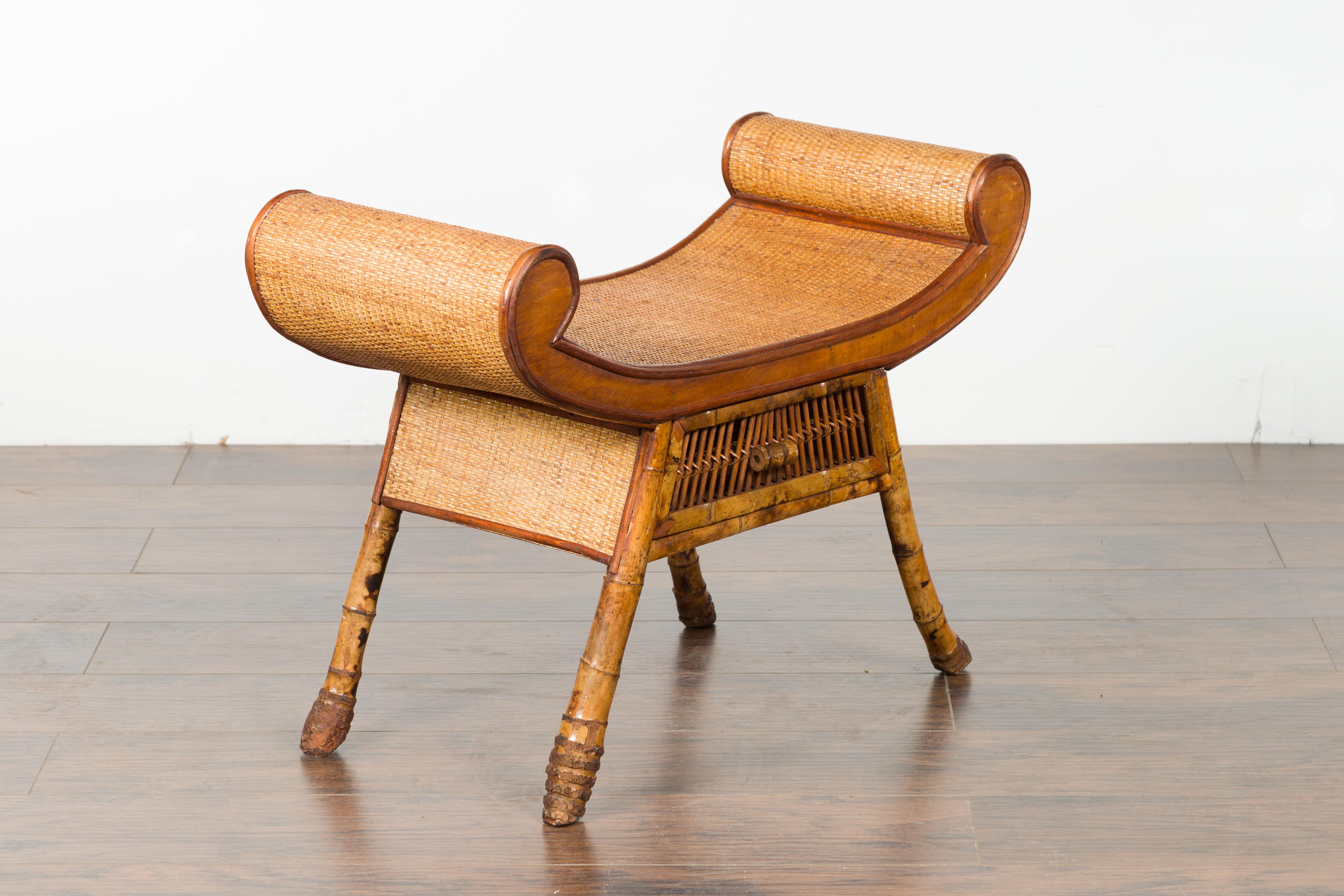 English 1920s Chinoiserie Inspired Bamboo and Rattan Bench with Scrolling Seat 5