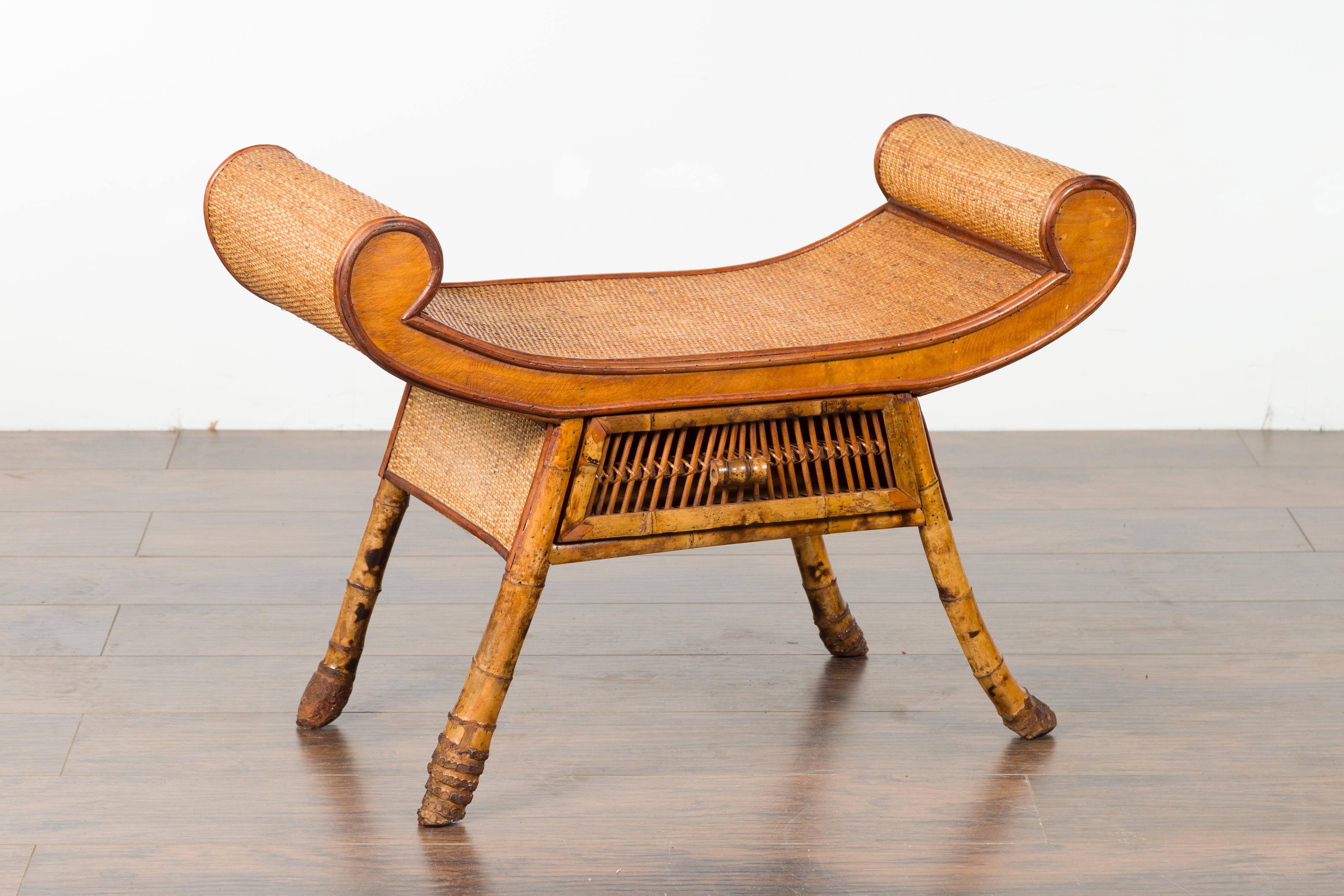 English 1920s Chinoiserie Inspired Bamboo and Rattan Bench with Scrolling Seat 6