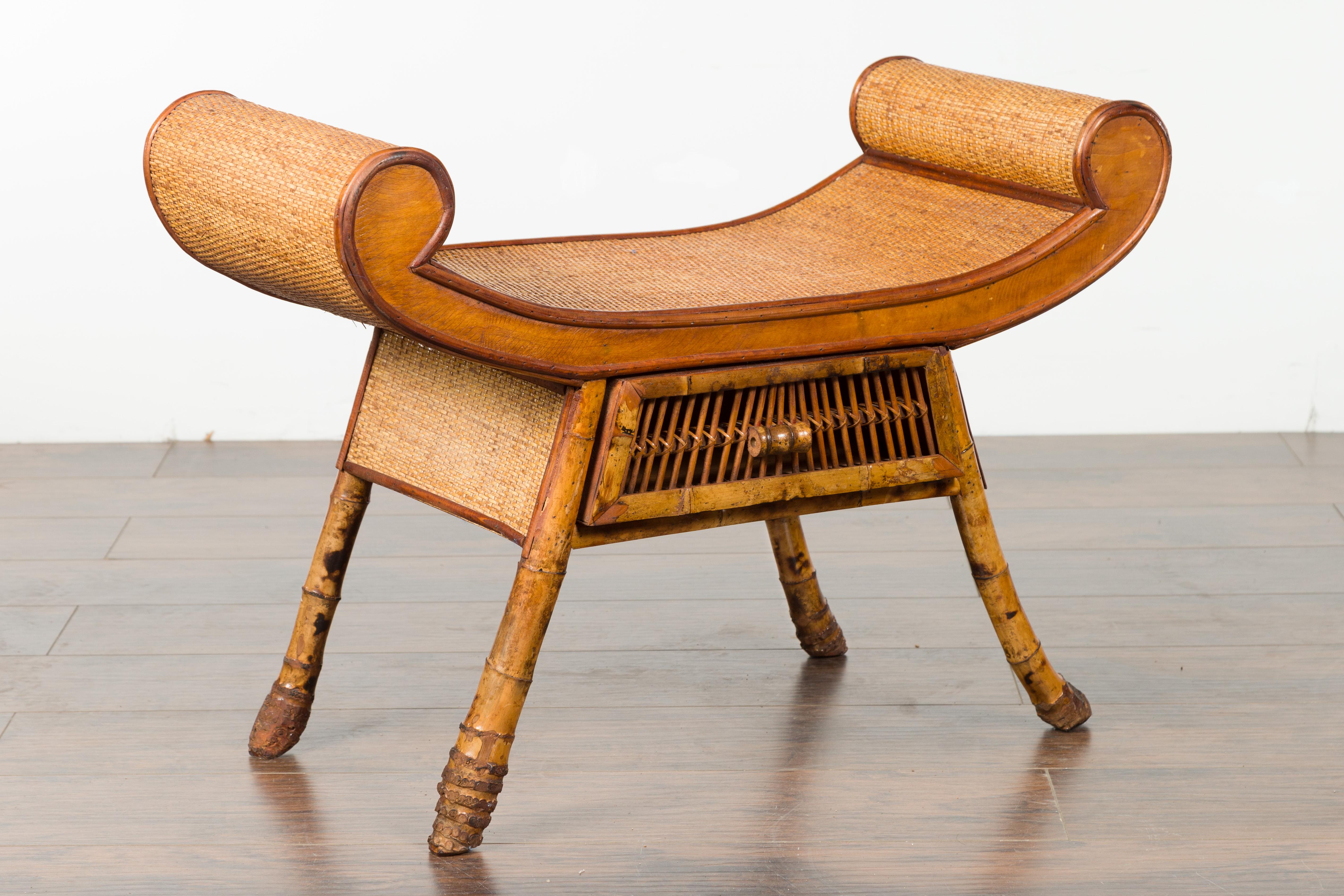 English 1920s Chinoiserie Inspired Bamboo and Rattan Bench with Scrolling Seat 7