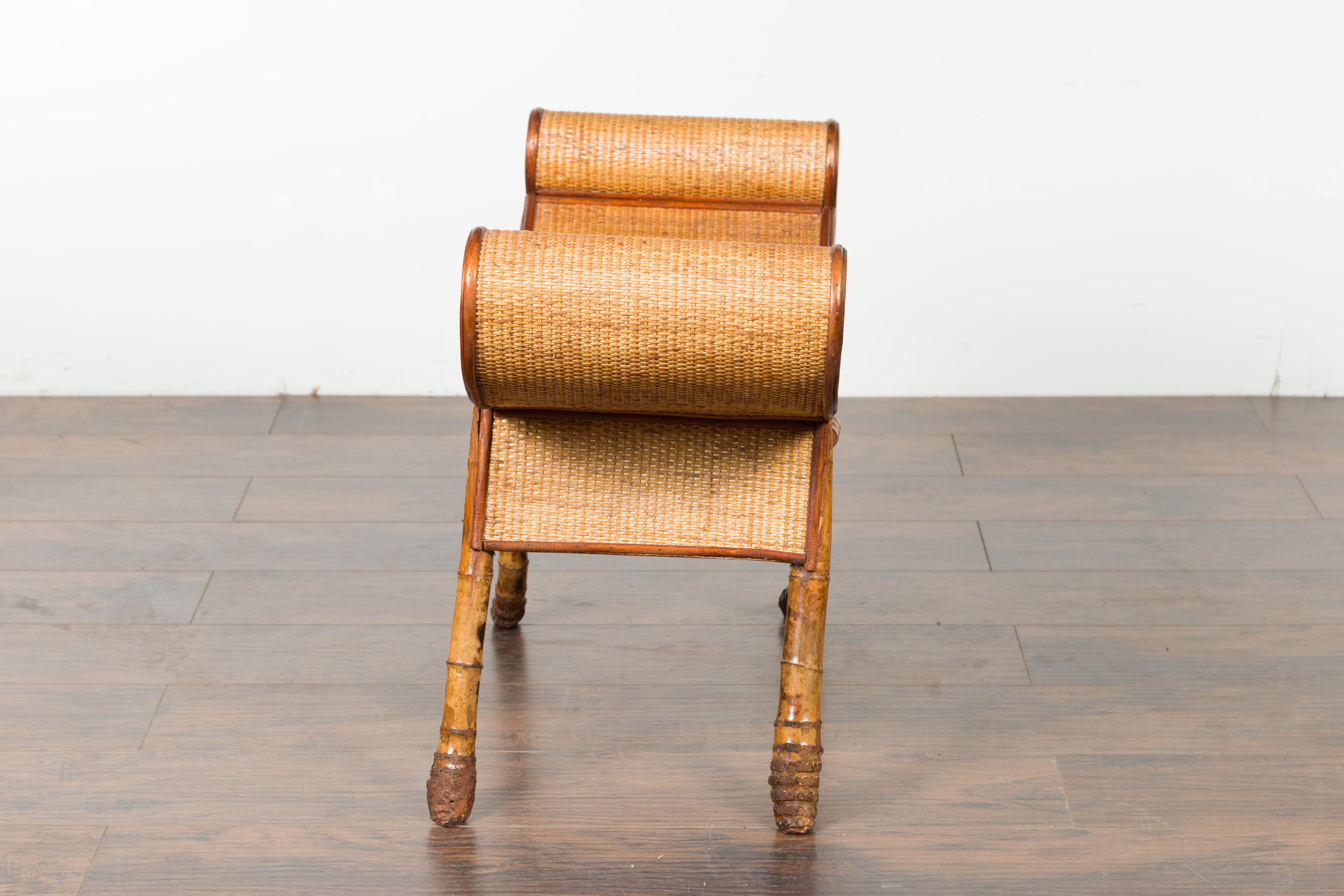 English 1920s Chinoiserie Inspired Bamboo and Rattan Bench with Scrolling Seat 8