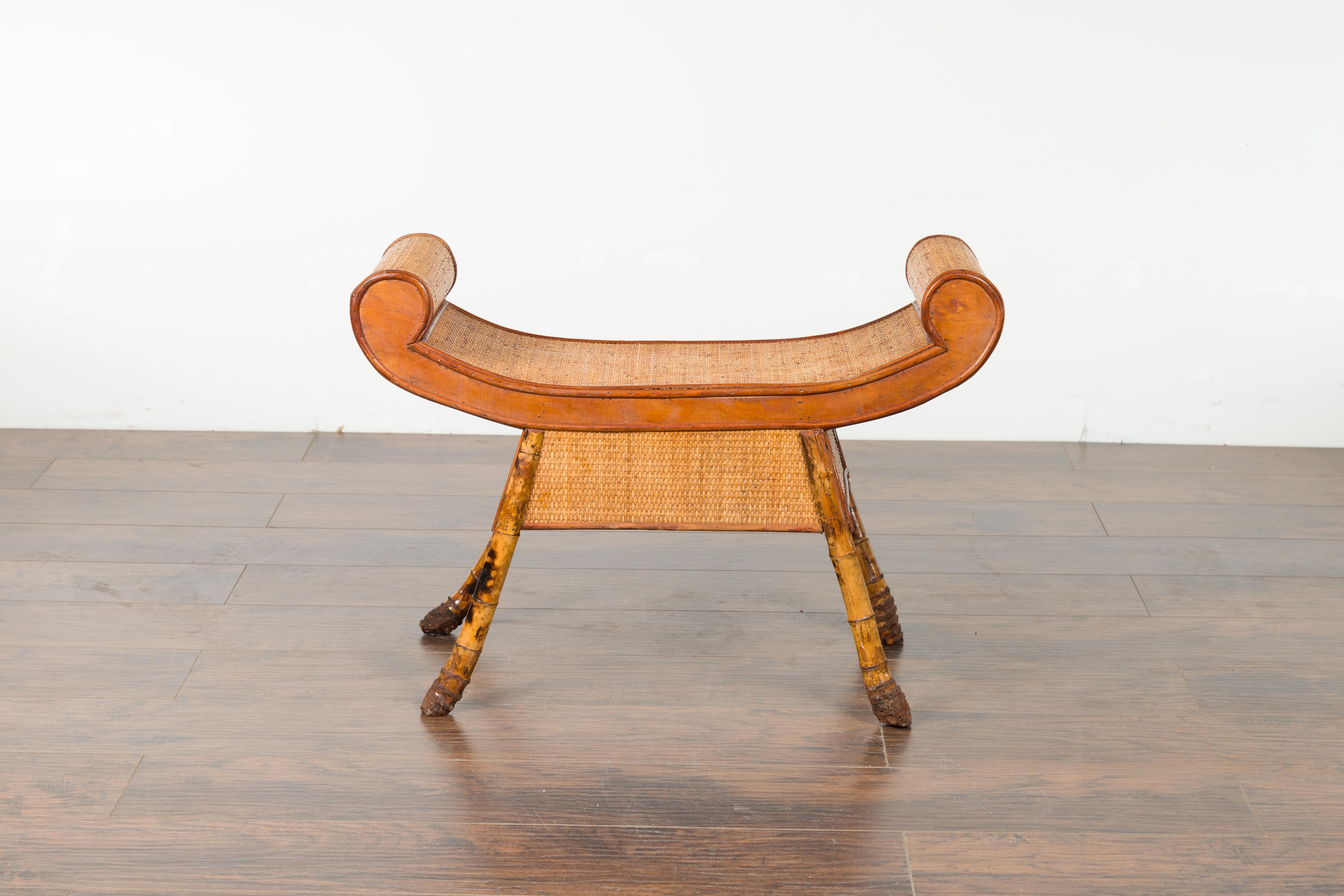 English 1920s Chinoiserie Inspired Bamboo and Rattan Bench with Scrolling Seat 9