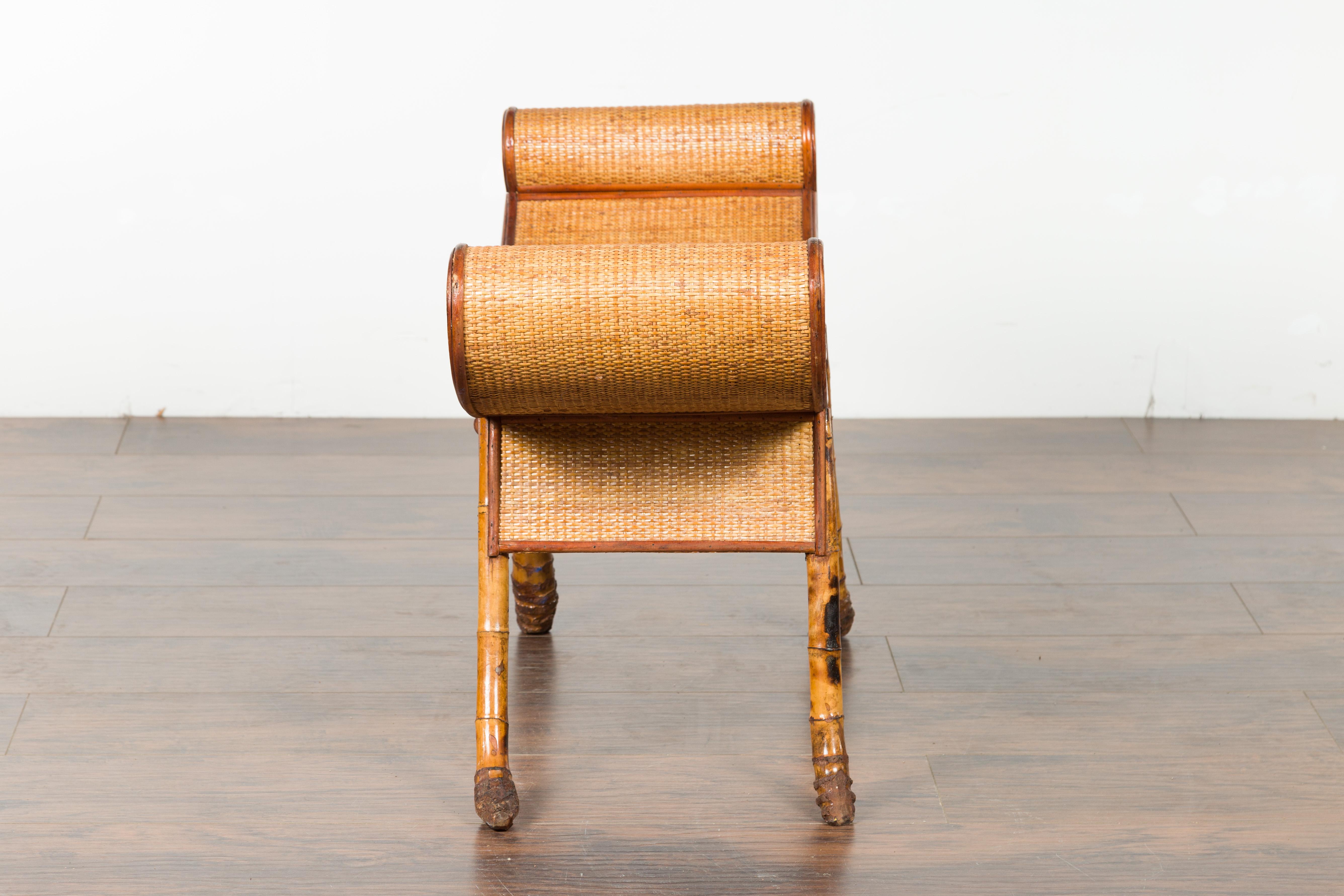 English 1920s Chinoiserie Inspired Bamboo and Rattan Bench with Scrolling Seat 10
