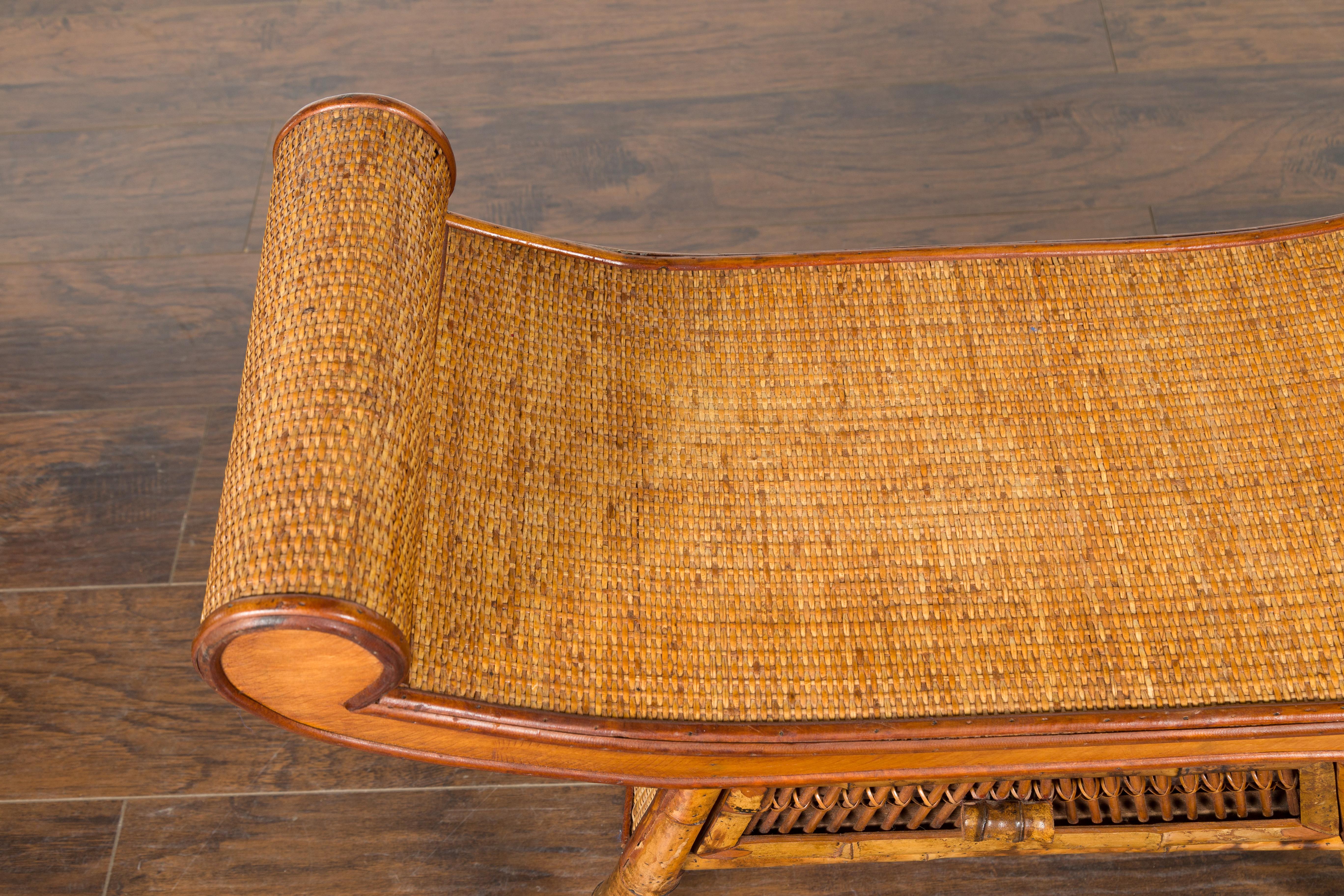 English 1920s Chinoiserie Inspired Bamboo and Rattan Bench with Scrolling Seat In Good Condition In Atlanta, GA